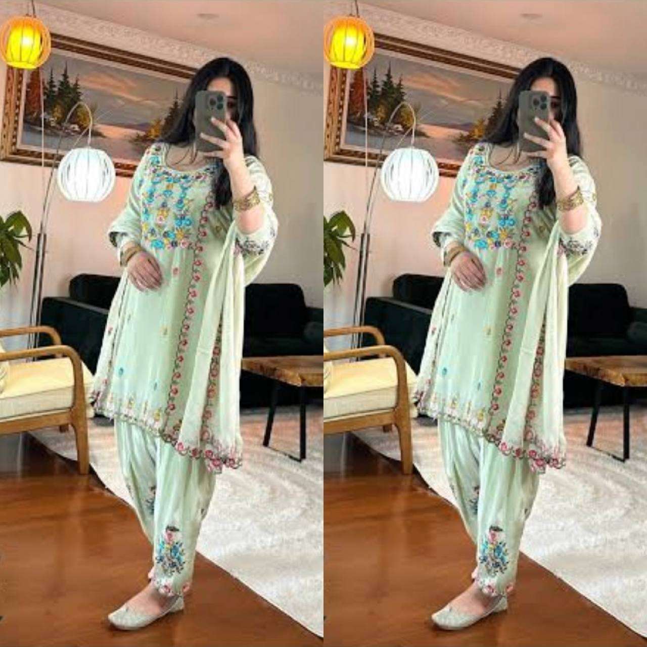 MD 3052 SILK FANCY DESIGNER WORK PARTY WEAR LOOK KURTI WITH DHOTI WITH DUPATTA 