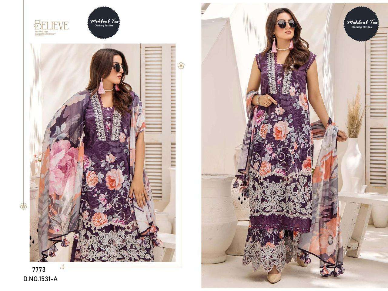 MEHBOOB TEX DESIGN NO - 1529-1531  PURE COTTON PRINT EMBROIDERED SELF WORK PAKISTANI SALWAR SUIT