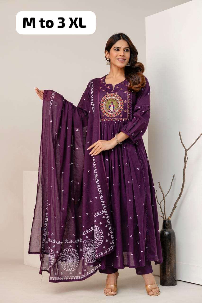 MF 3 PCS COLLECTION COTTON FANCY EMBROIDERY WORK ANARKALI STYLE LADIES SUIT 