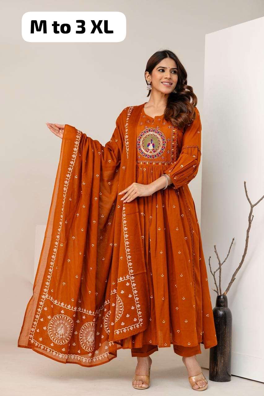 MF 3 PCS COLLECTION COTTON FANCY EMBROIDERY WORK ANARKALI STYLE LADIES SUIT 