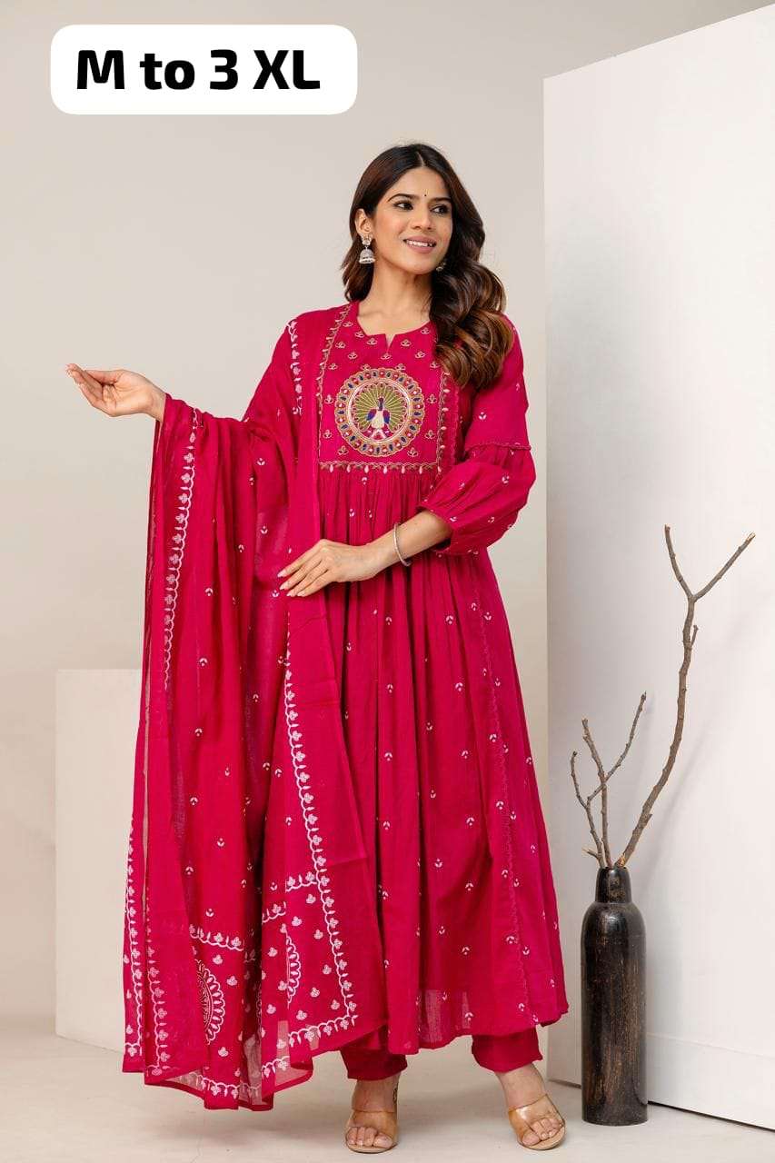 MF 3 PCS COLLECTION COTTON FANCY EMBROIDERY WORK ANARKALI STYLE LADIES SUIT 