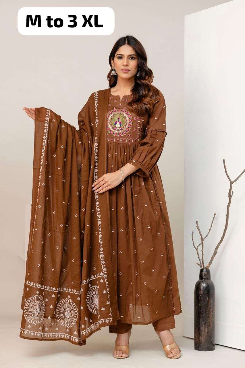 MF 3 PCS COLLECTION COTTON FANCY EMBROIDERY WORK ANARKALI STYLE LADIES SUIT 