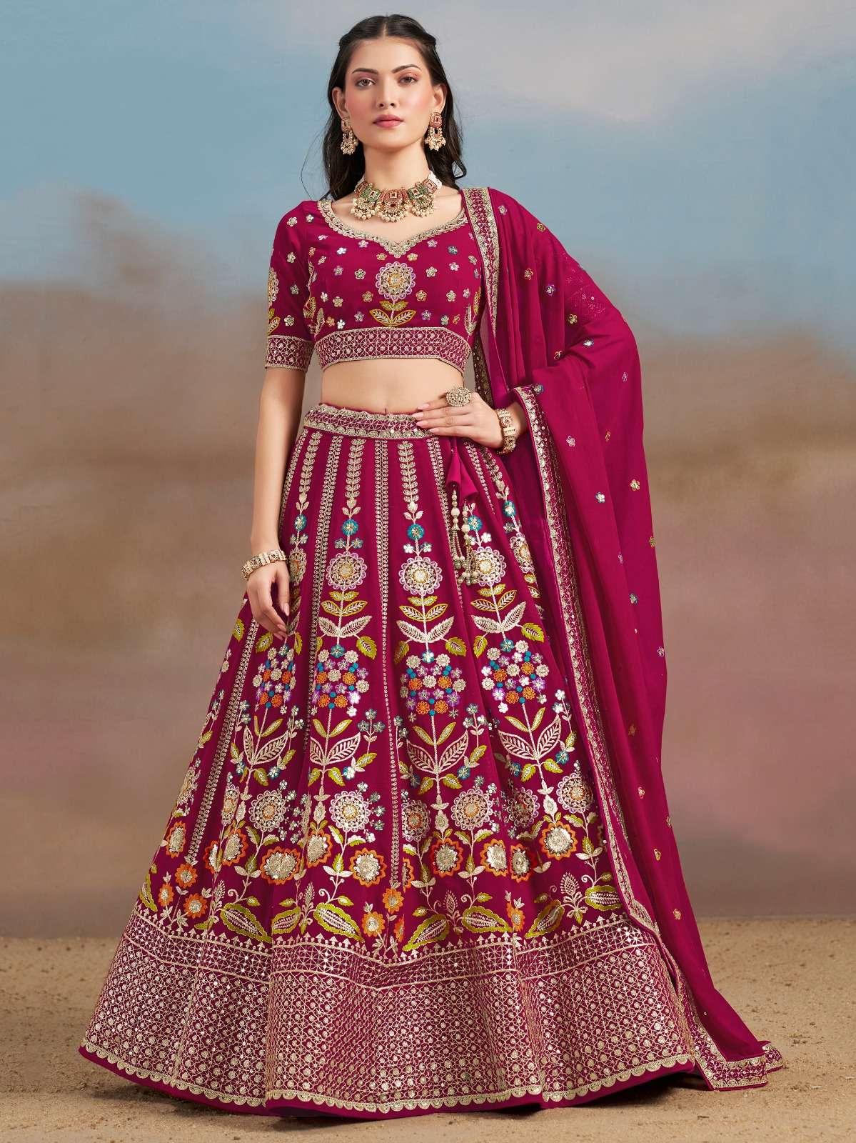 CODE 6008 PINK GEORGETTE HEAVY DESIGNER WEDDING WEAR LEHENGA CHOLI 