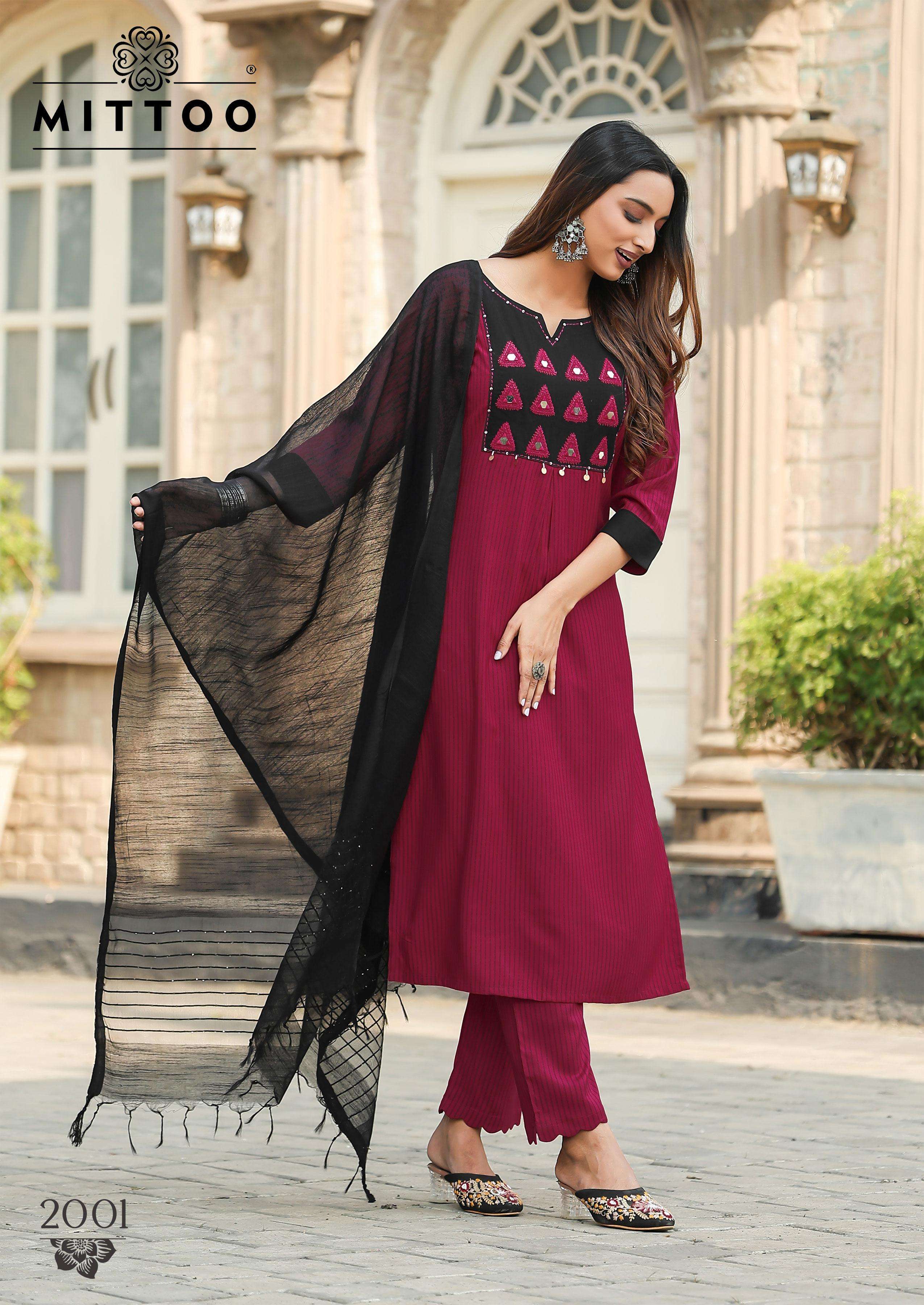 MITTOO RASHMIKA RAYON PRINT WITH FANCY DESIGNER WORK KURTI COMBO SET 