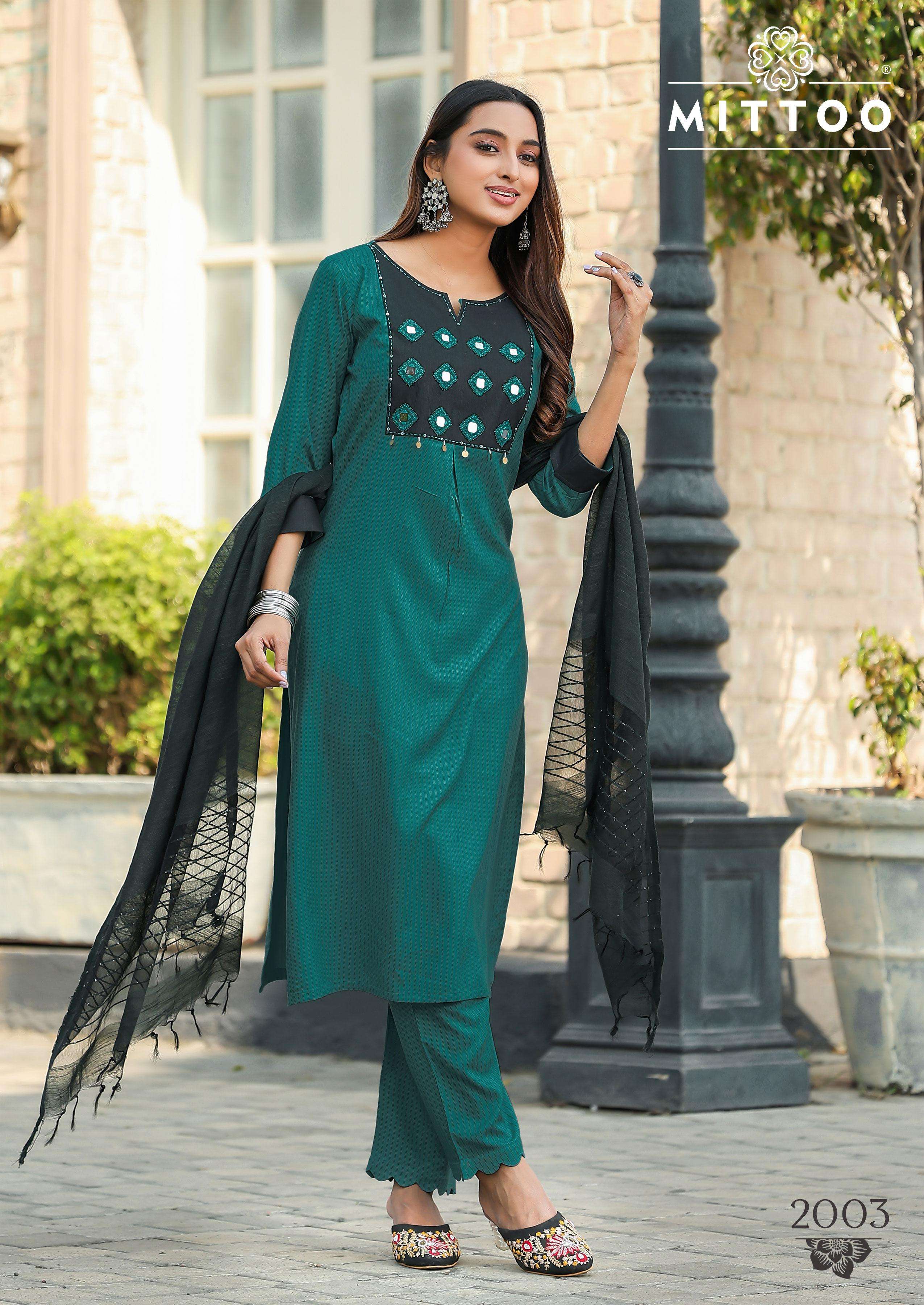 MITTOO RASHMIKA RAYON PRINT WITH FANCY DESIGNER WORK KURTI COMBO SET 