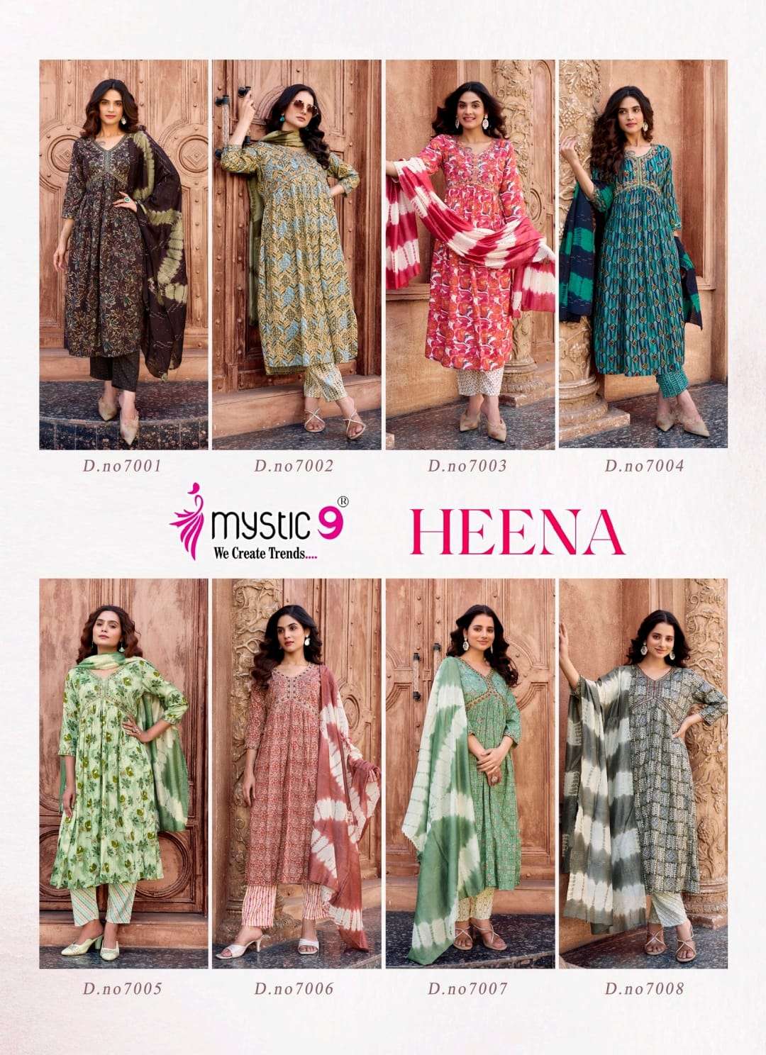 MYSTIC 9 HEENA VOL 7 RAYON FOIL PRINT ALIA CUT PATTERN KURTI COMBO SET 