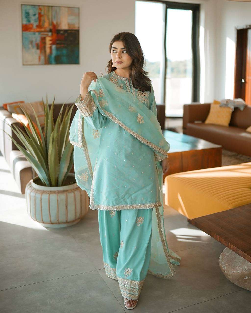 PD 1114 DESIGNER WEAR LOOK TOP WITH FARSHI PLAZZO WITH DUPATTA SET