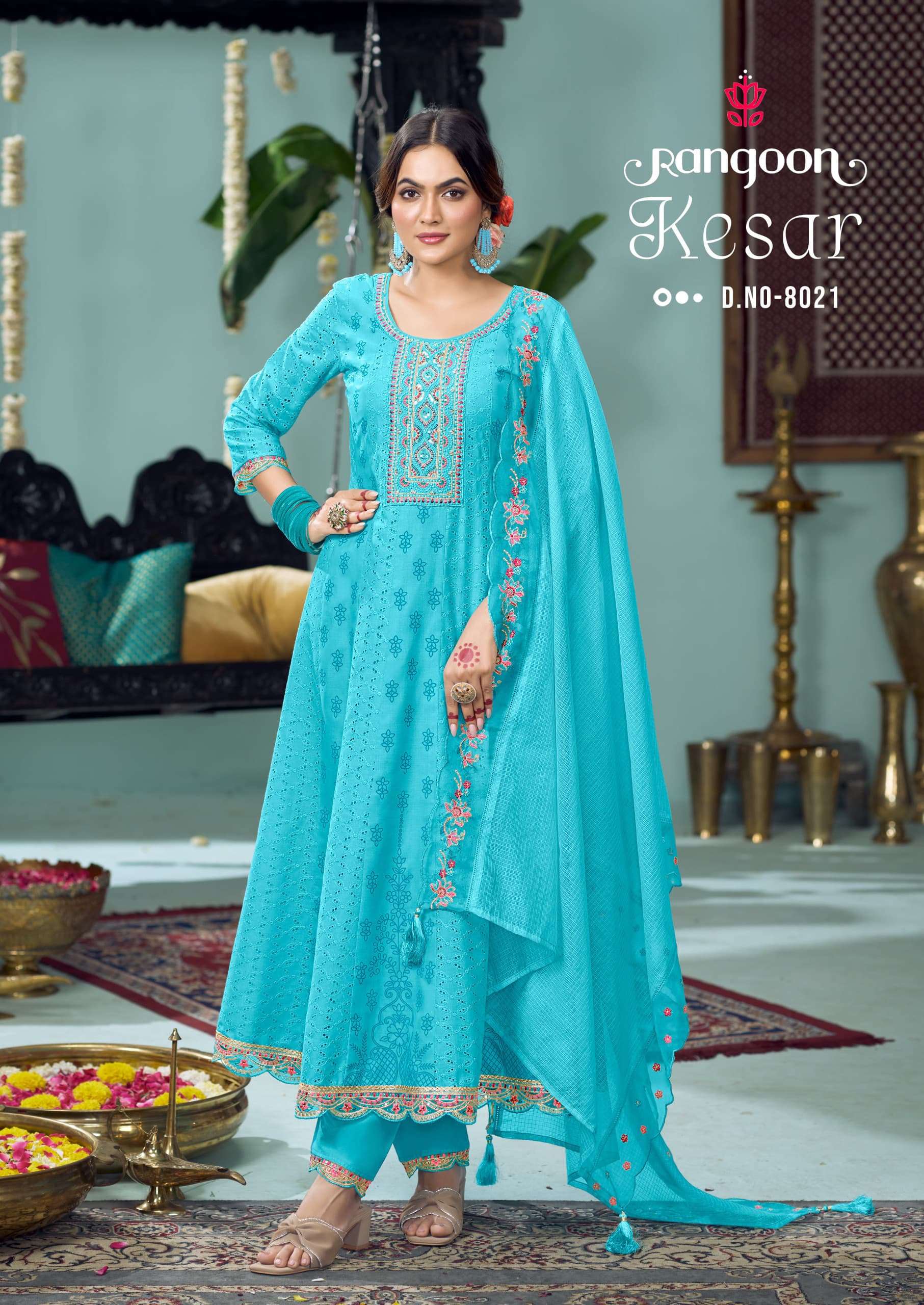 RANGOON KESAR SCHIFLI COTTON DESIGNER ANARKALI STYLE LADIES SUIT