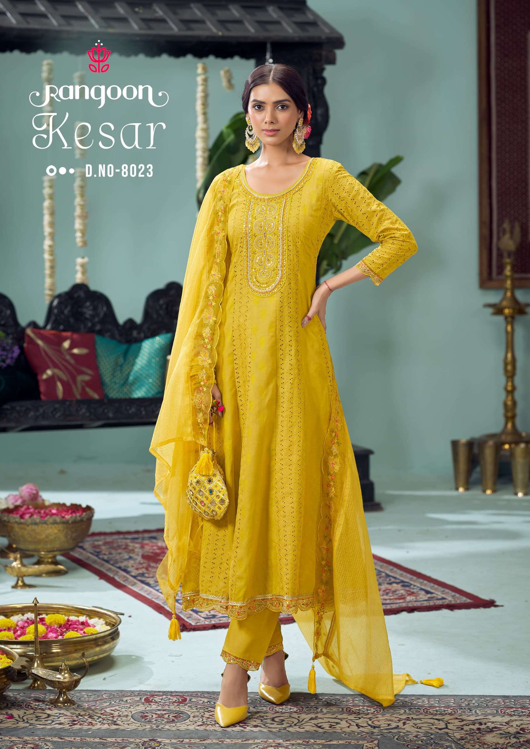 RANGOON KESAR SCHIFLI COTTON DESIGNER ANARKALI STYLE LADIES SUIT
