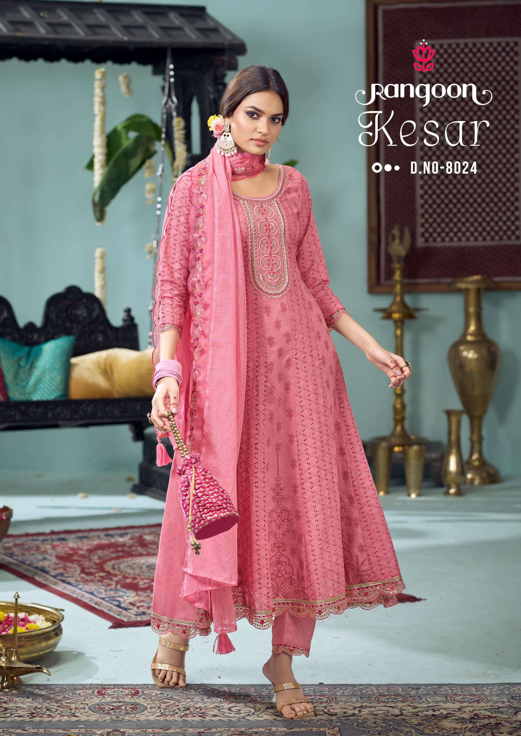 RANGOON KESAR SCHIFLI COTTON DESIGNER ANARKALI STYLE LADIES SUIT