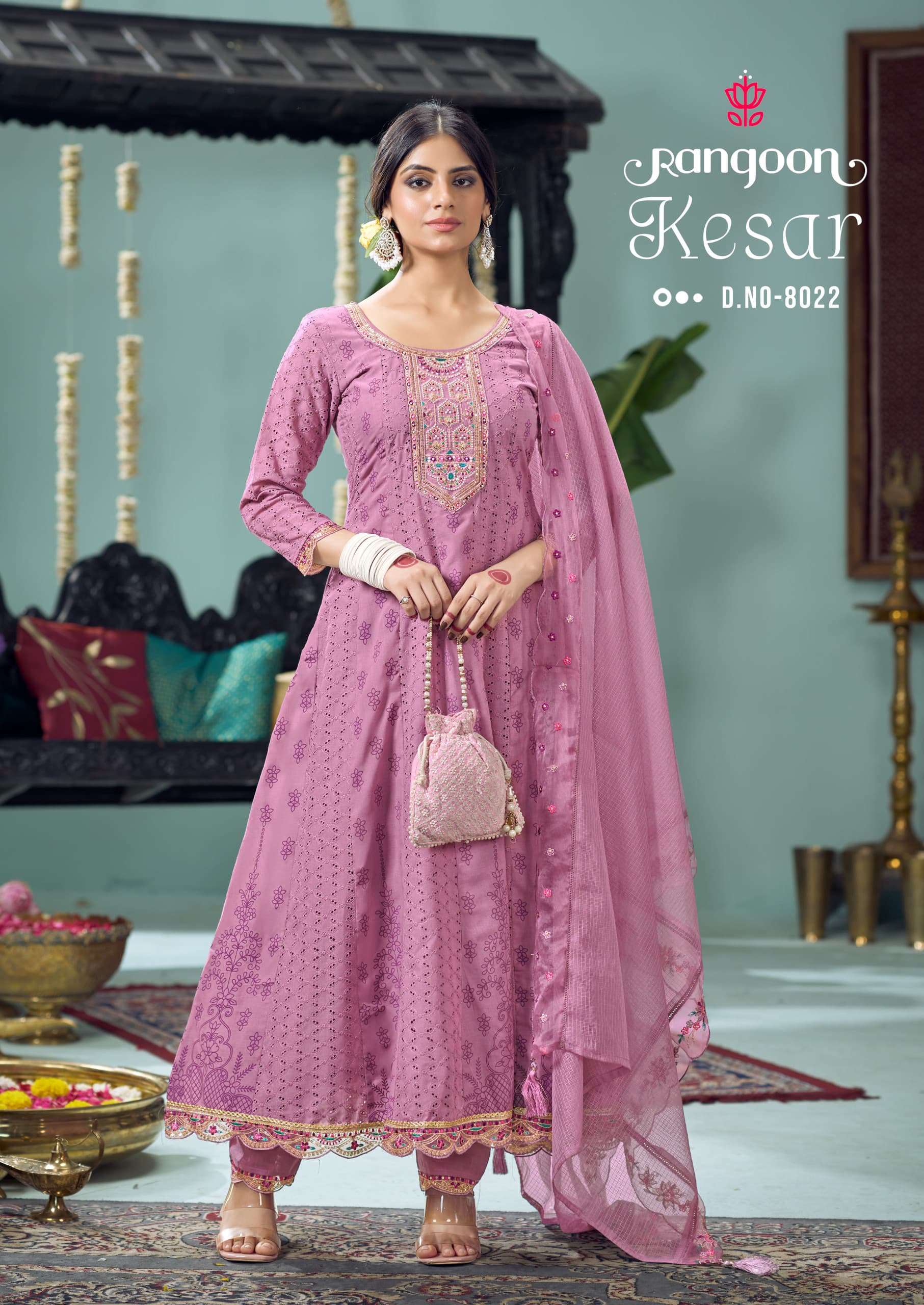 RANGOON KESAR SCHIFLI COTTON DESIGNER ANARKALI STYLE LADIES SUIT