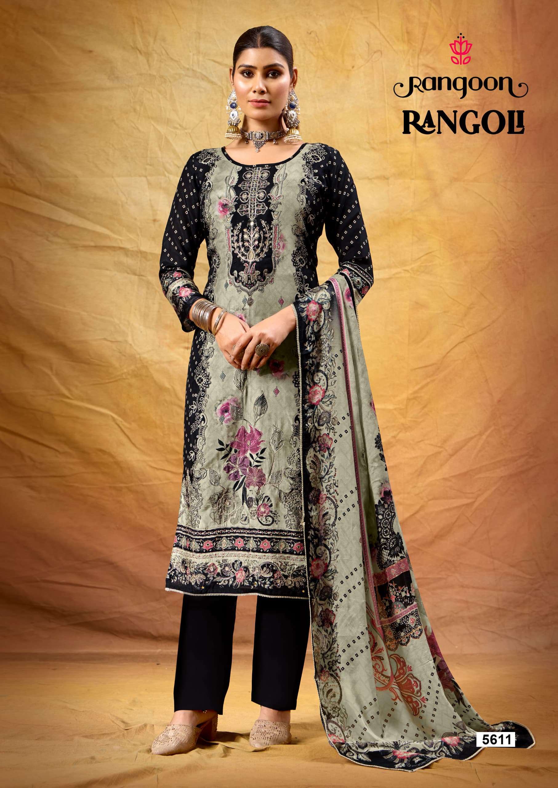 RANGOON RANGOLI MUSLIN DIGITAL PRINT WITH FANCY WORK READY MADE SUIT