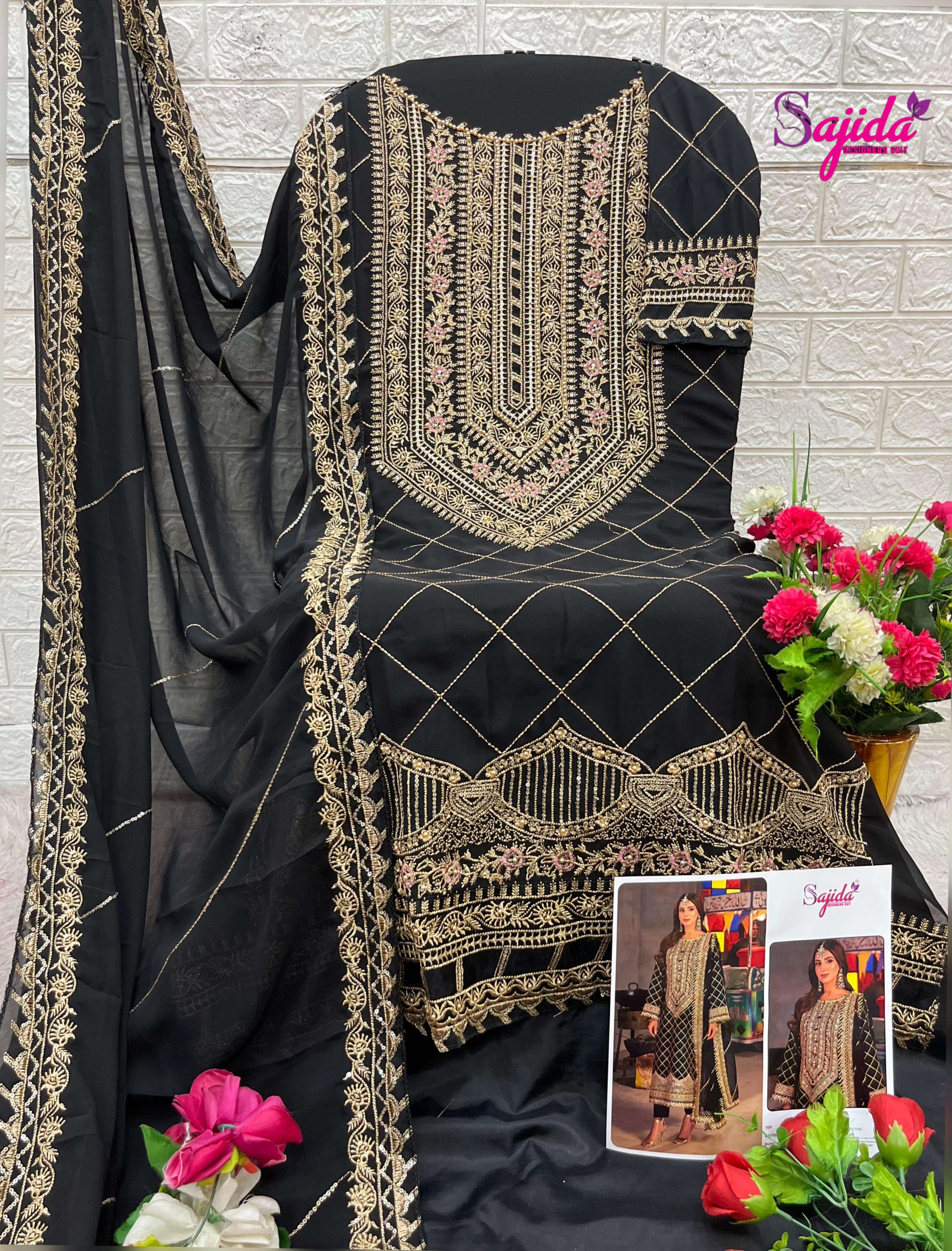 SAJIDA DESIGNER DESIGN NO - 1057 GEORGETTE HEAVY EMBROIDERED KHATLI WORK PAKISTANI SALWAR SUIT 