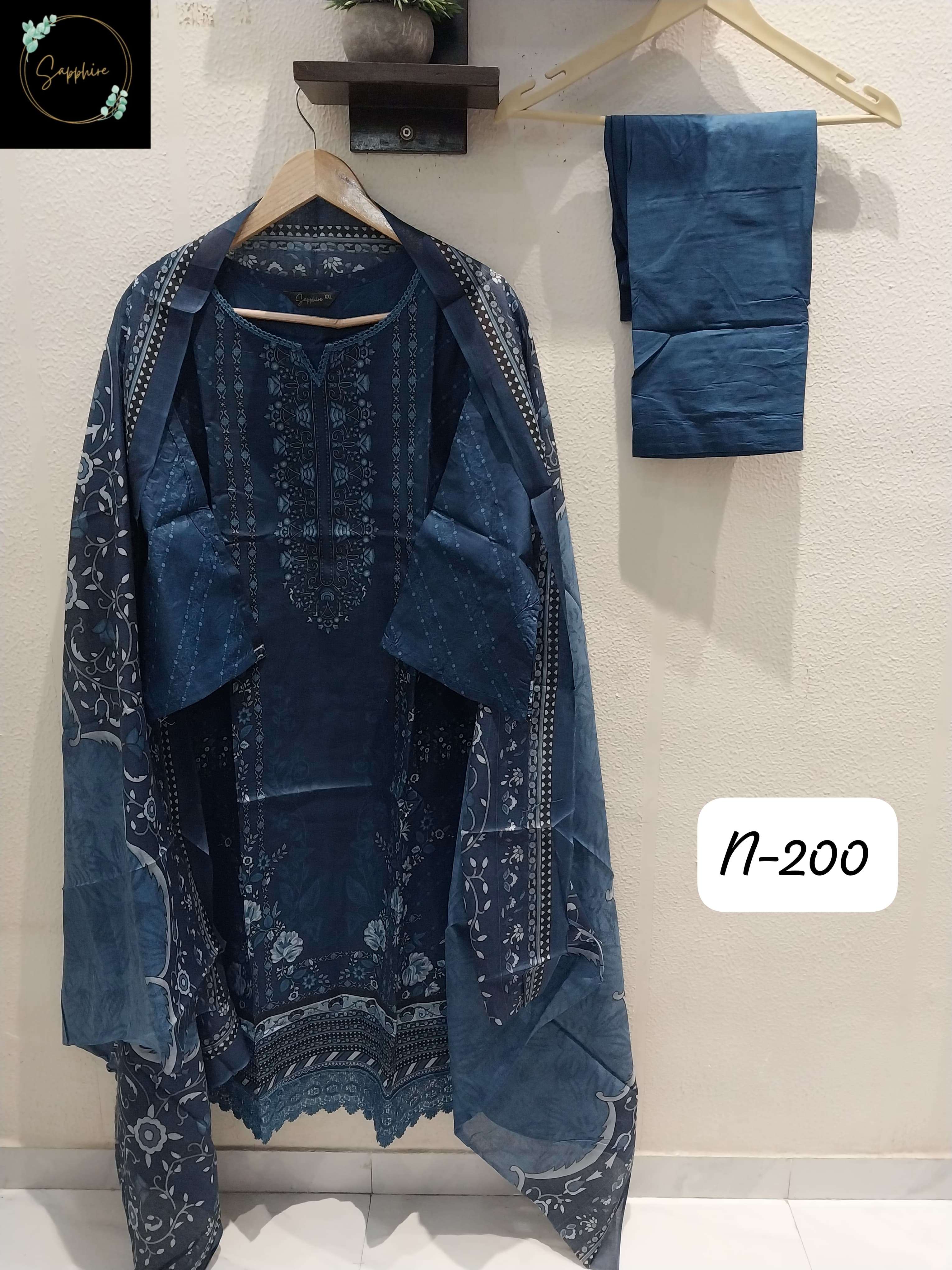 SAPPHIRE AGHA NOORAIN VOL 200 LAWN COTTON FANCY WORK SALWAR KAMEEZ