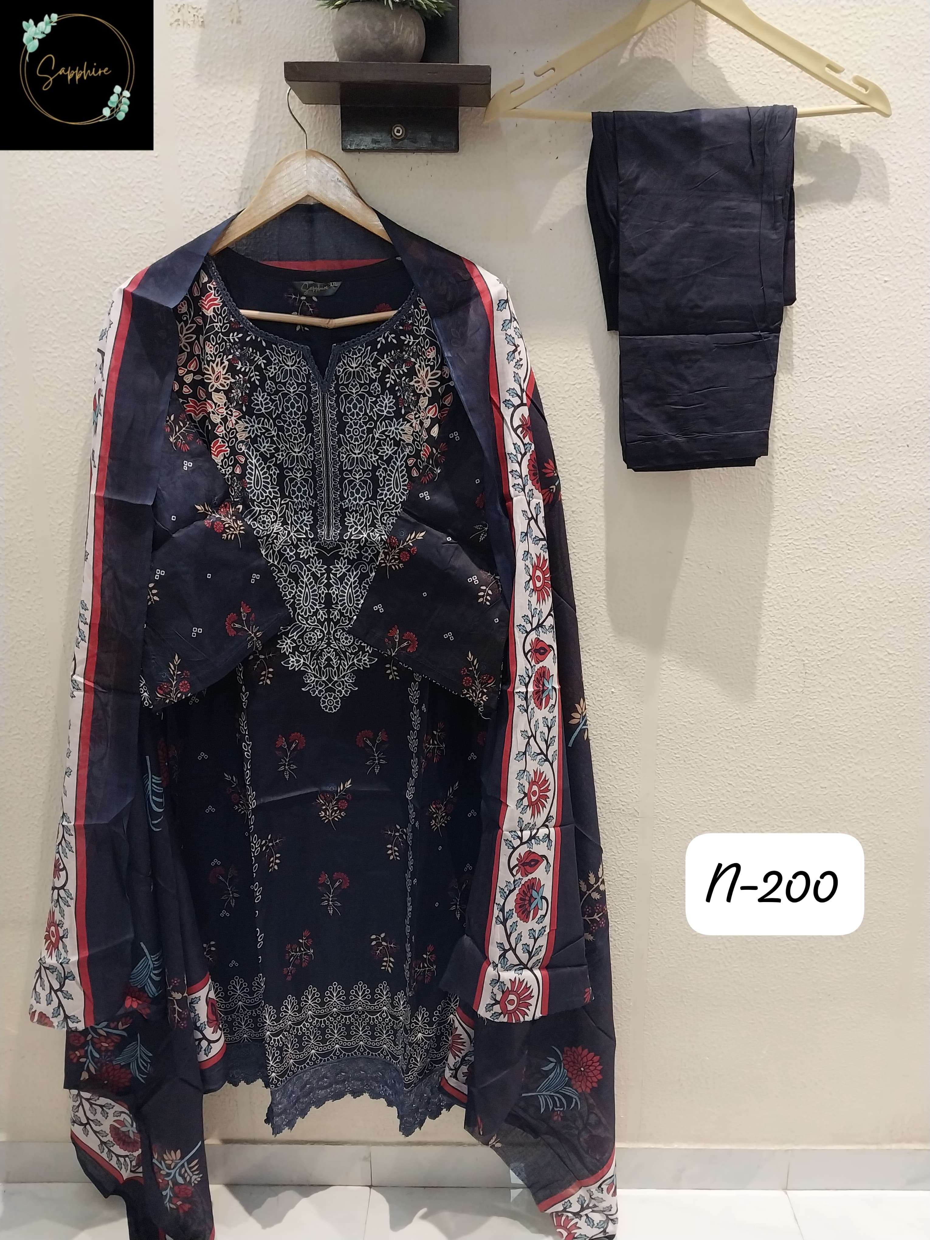 SAPPHIRE AGHA NOORAIN VOL 200 LAWN COTTON FANCY WORK SALWAR KAMEEZ