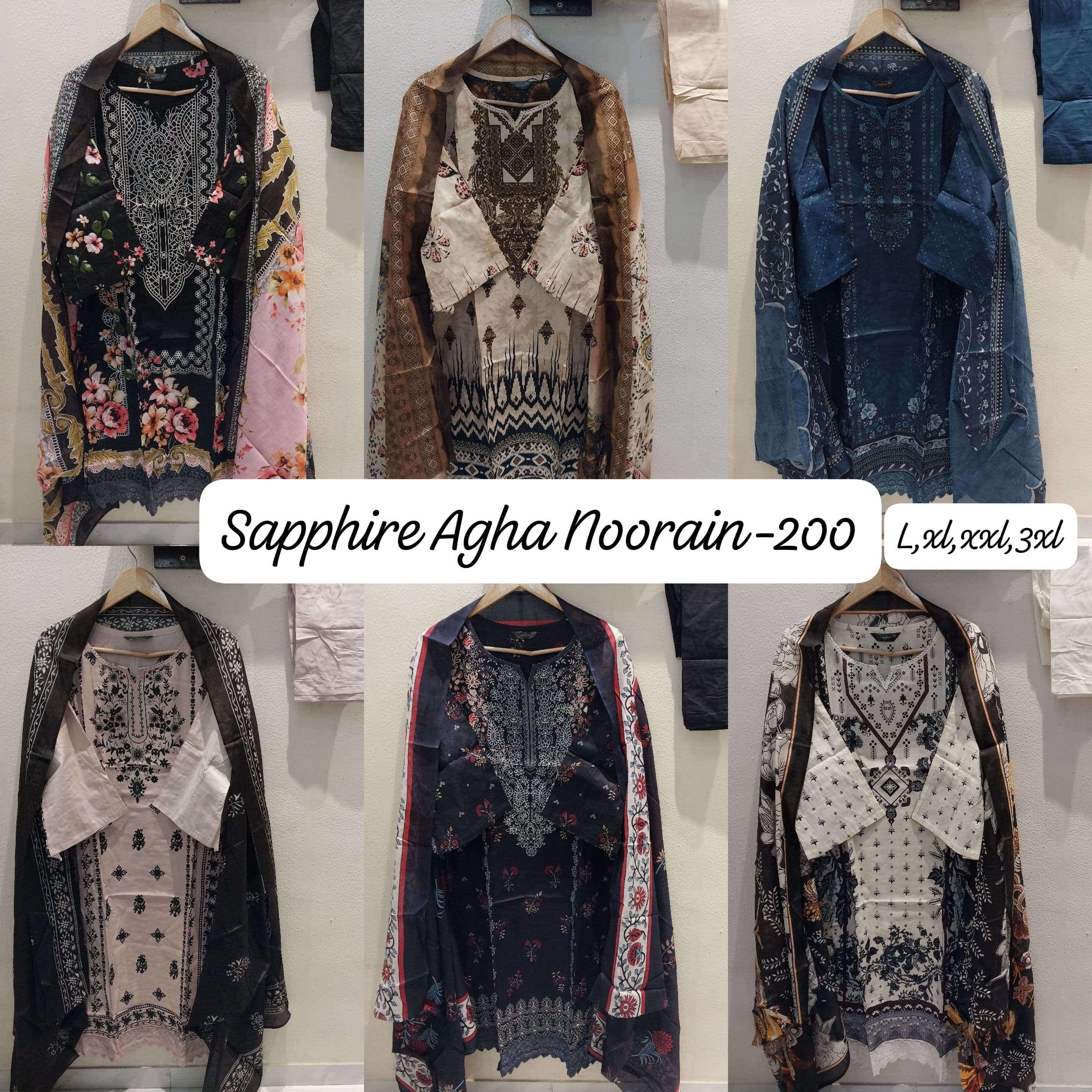 SAPPHIRE AGHA NOORAIN VOL 200 LAWN COTTON FANCY WORK SALWAR KAMEEZ