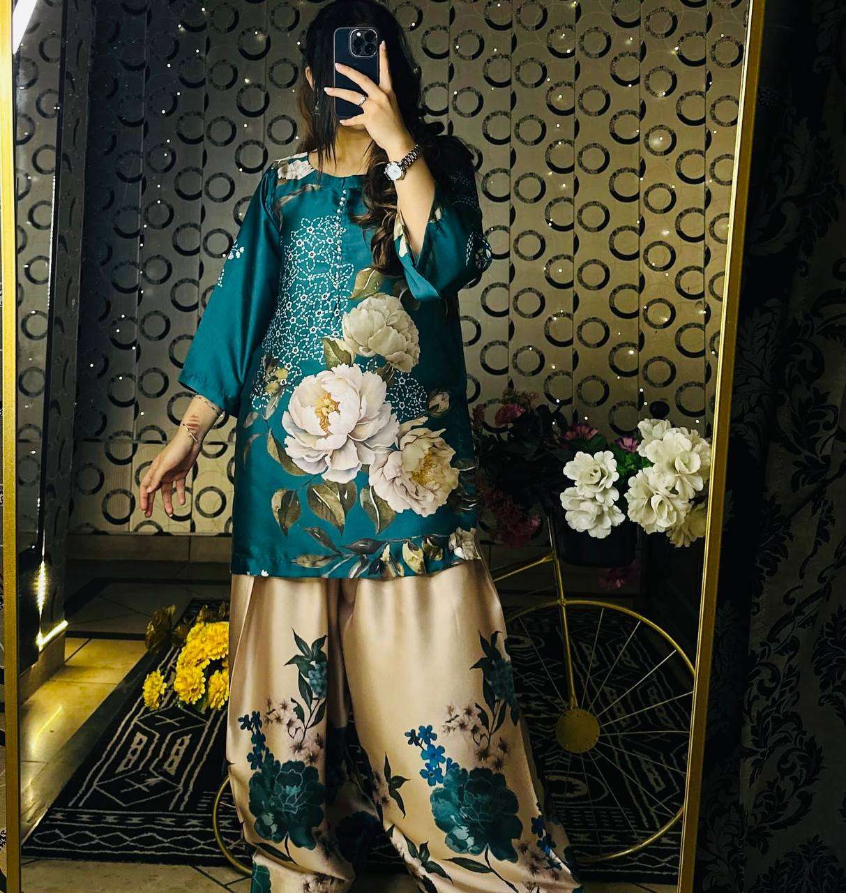 SRK 5275 CREPE SILK FANCY DESIGNER TOP WITH FARSHI PLAZZO AND DUPATTA SET 