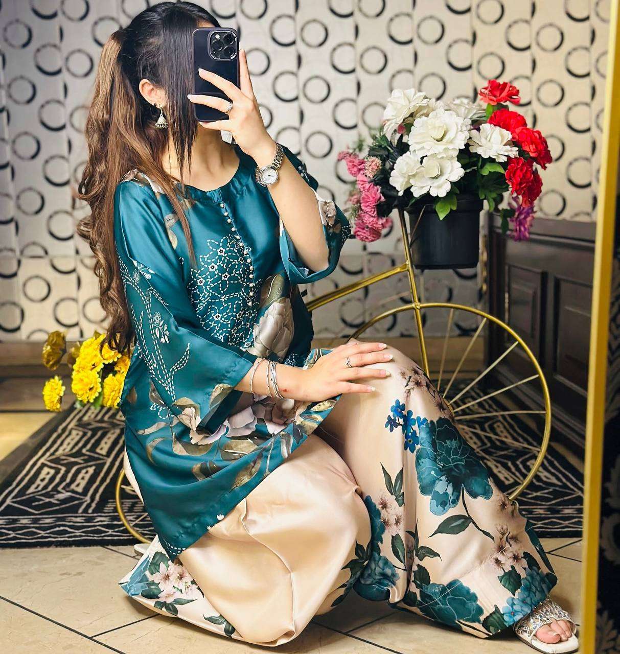 SRK 5275 CREPE SILK FANCY DESIGNER TOP WITH FARSHI PLAZZO AND DUPATTA SET 