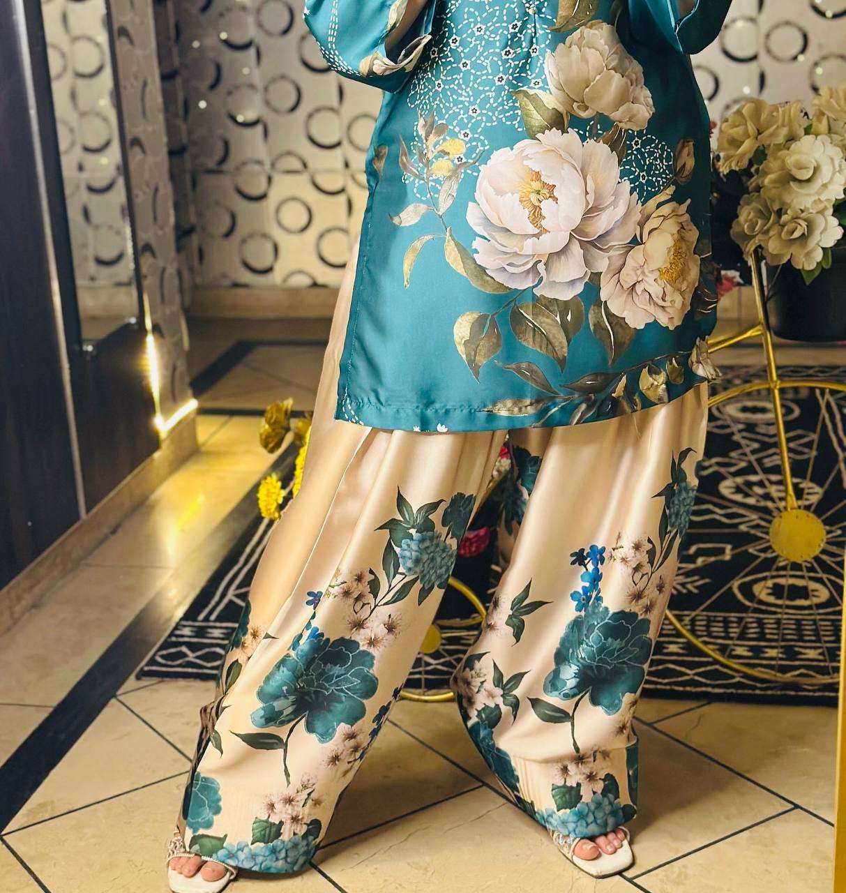 SRK 5275 CREPE SILK FANCY DESIGNER TOP WITH FARSHI PLAZZO AND DUPATTA SET 