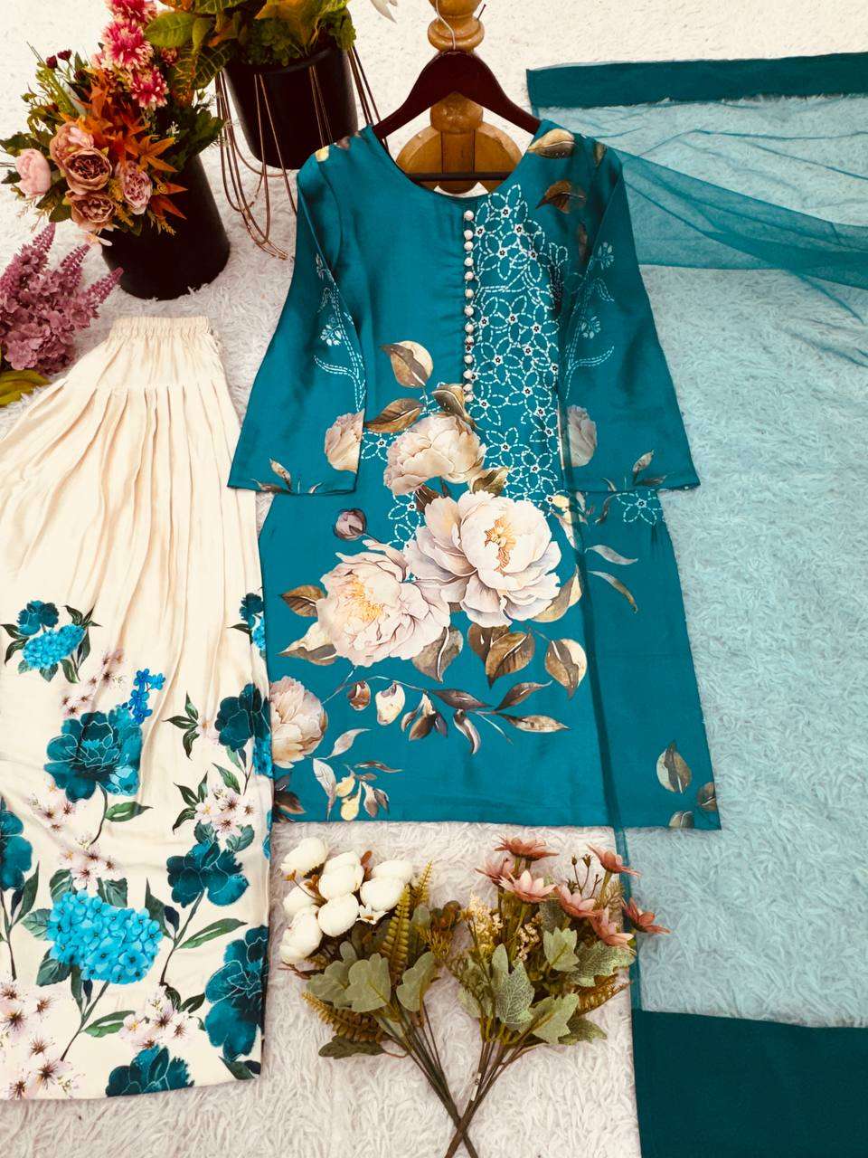 SRK 5275 CREPE SILK FANCY DESIGNER TOP WITH FARSHI PLAZZO AND DUPATTA SET 