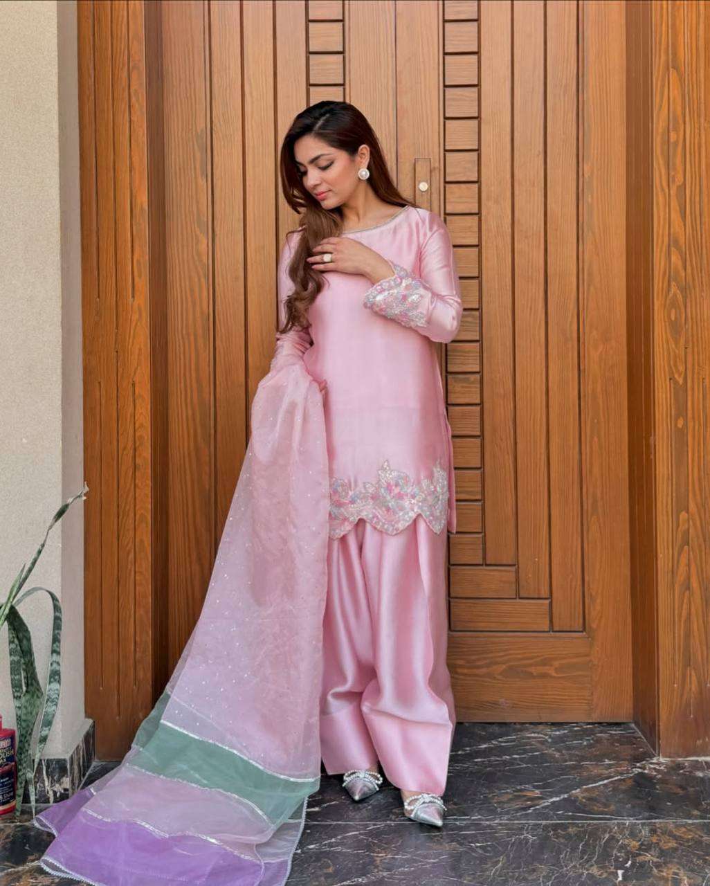 ST 216 CREPE SEQUENCE  EMBROIDERED FANCY TOP WITH FARSHI PENT & DUPATTA SET