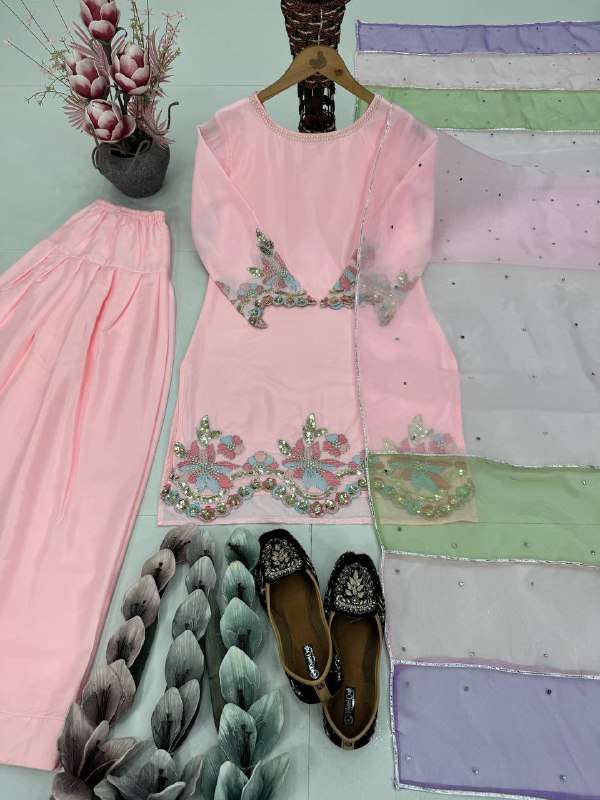 ST 216 CREPE SEQUENCE  EMBROIDERED FANCY TOP WITH FARSHI PENT & DUPATTA SET