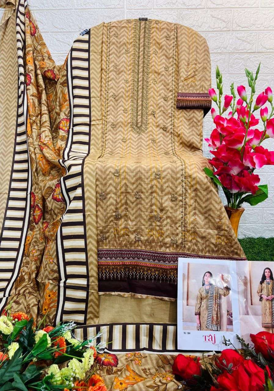 TAJ CREATION DESIGN NO - 594-597 PURE COTTON PRINT HEAVY SELF EMBROIDERED PAKISTANI SALWAR SUIT 