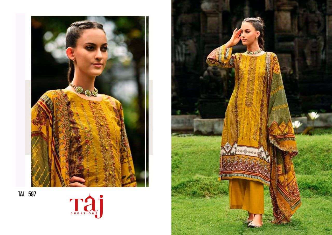 TAJ CREATION DESIGN NO - 594-597 PURE COTTON PRINT HEAVY SELF EMBROIDERED PAKISTANI SALWAR SUIT 