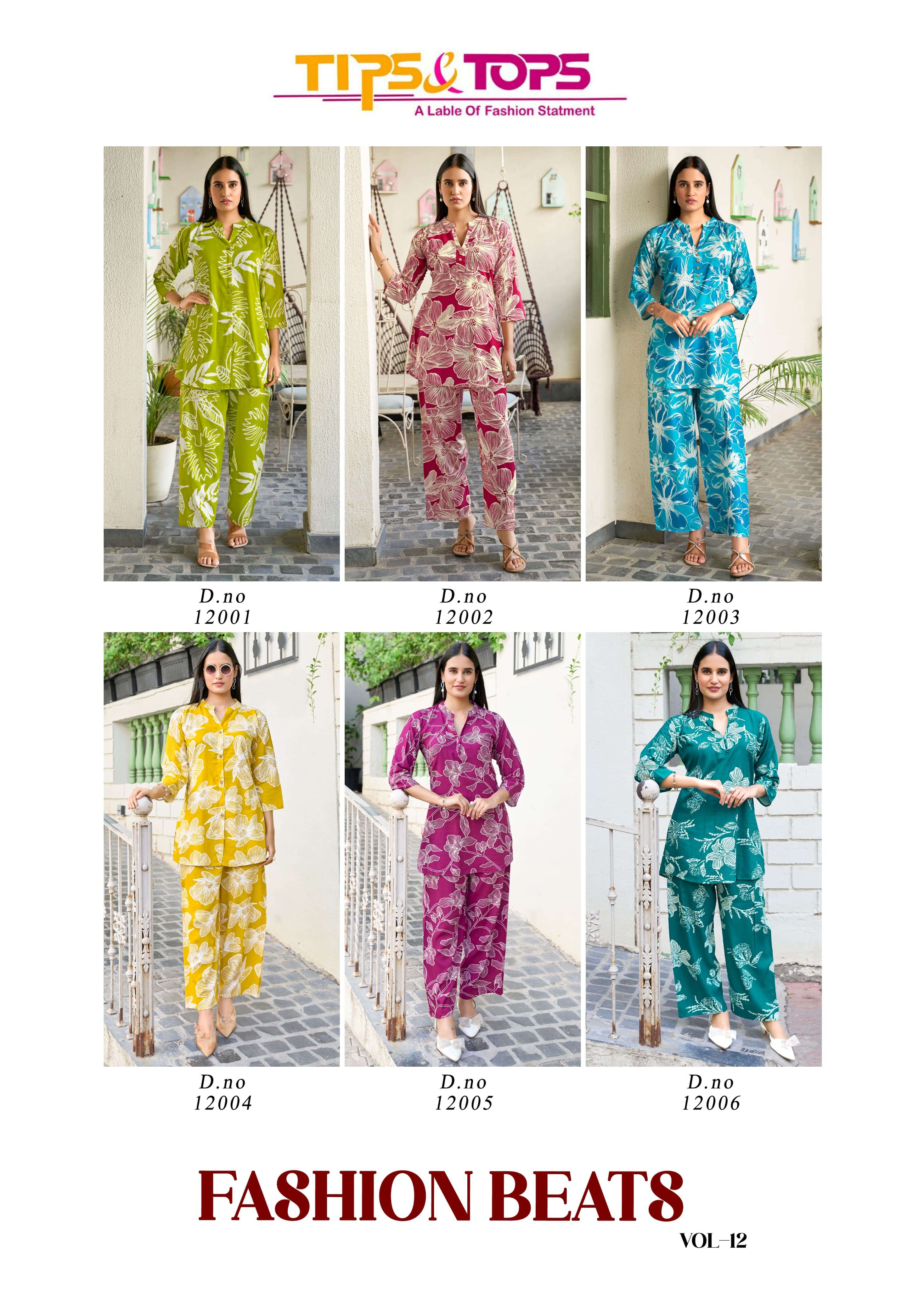 TIPS AND TOPS FASHION BEATS VOL 12 RAYON PRINT FANCY WEAR LADIES TOP WITH PANT PAIR 