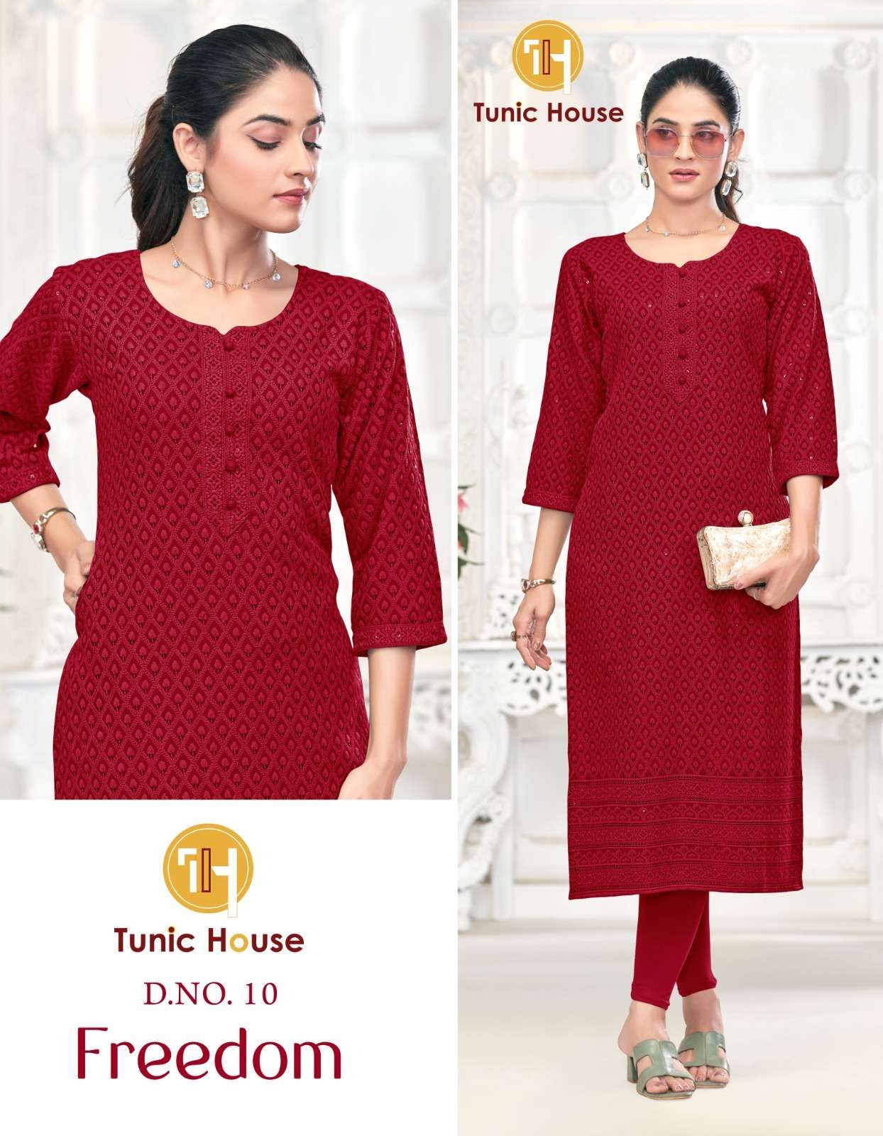 TUNIC HOUSE FREEDOM RAYON CHIKANKARI STRAIGHT LADIES KURTI 