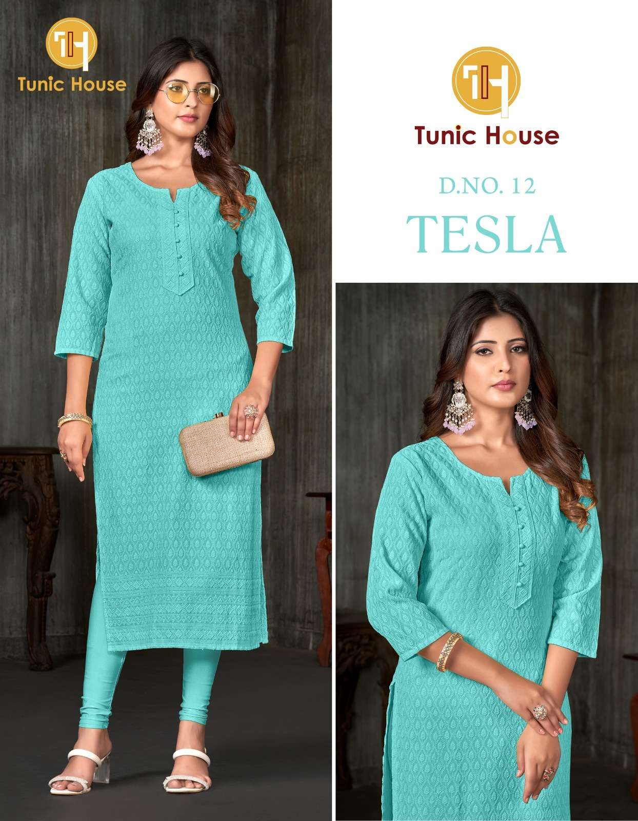TUNIC HOUSE TESLA RAYON CHIKANKARI WORK FANCY LADIES KURTI 