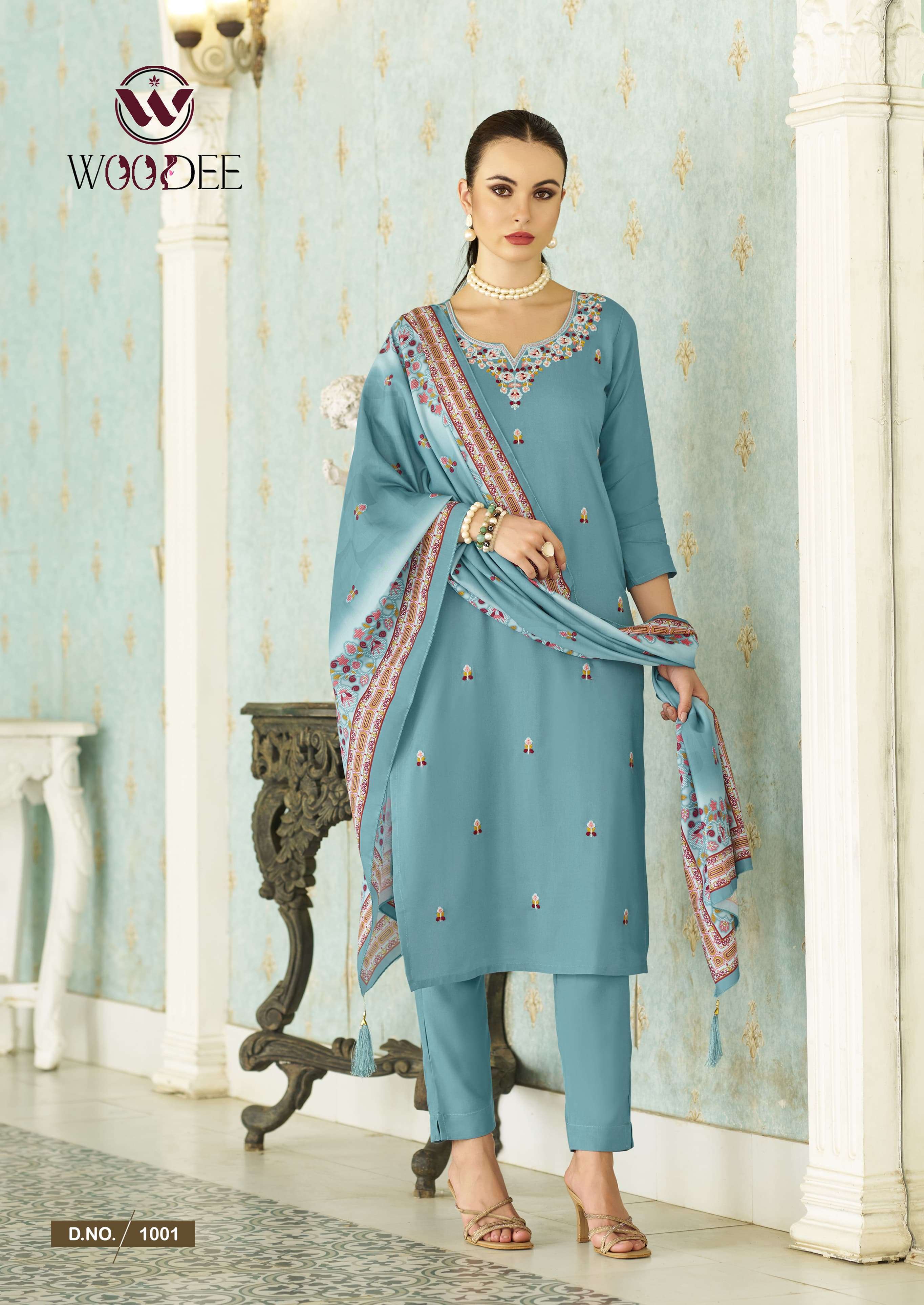  WOODEE CHITRAA RAYON FANCY EMBROIDERY DESIGNER WORK KURTI COMBO SET 