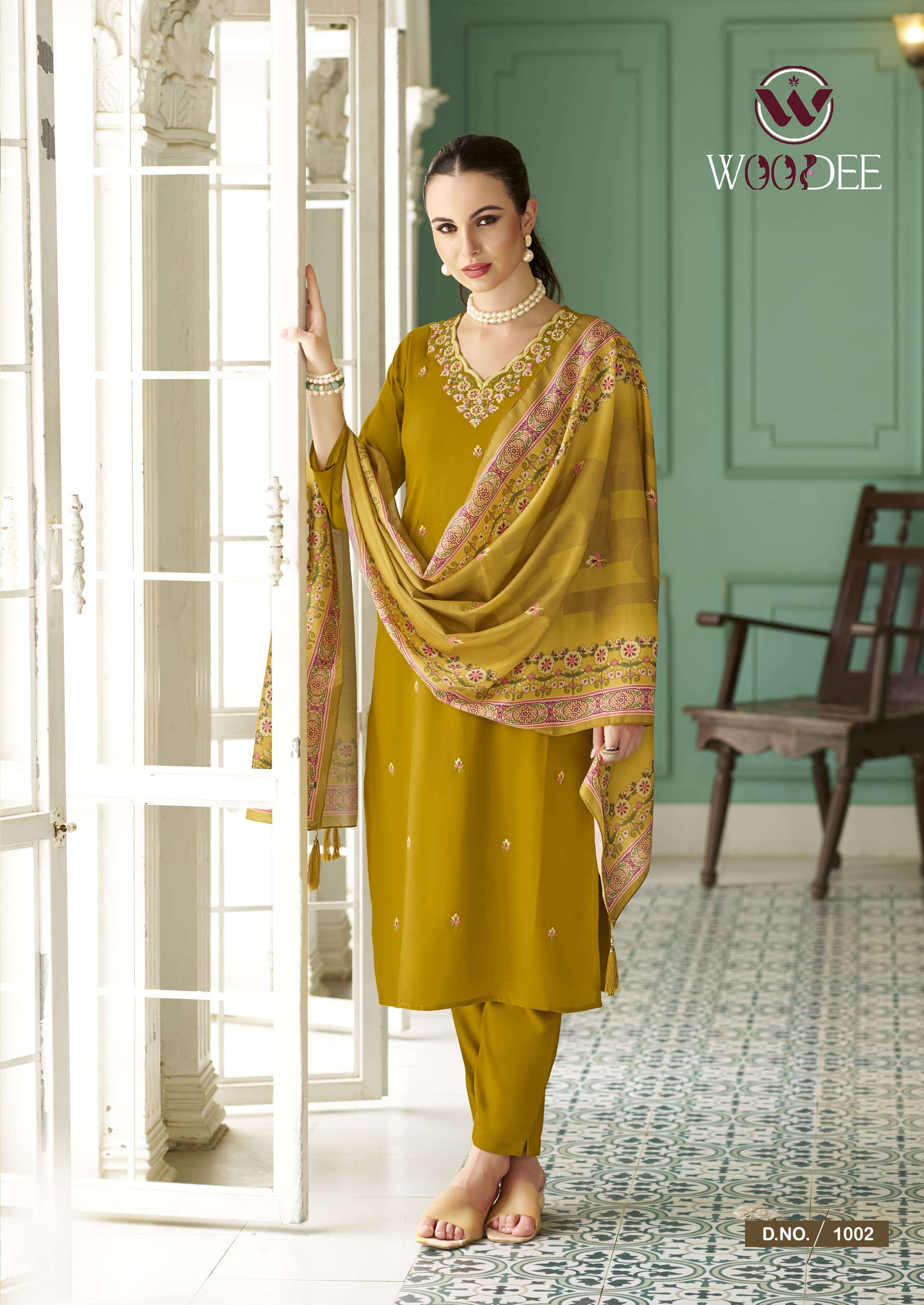  WOODEE CHITRAA RAYON FANCY EMBROIDERY DESIGNER WORK KURTI COMBO SET 