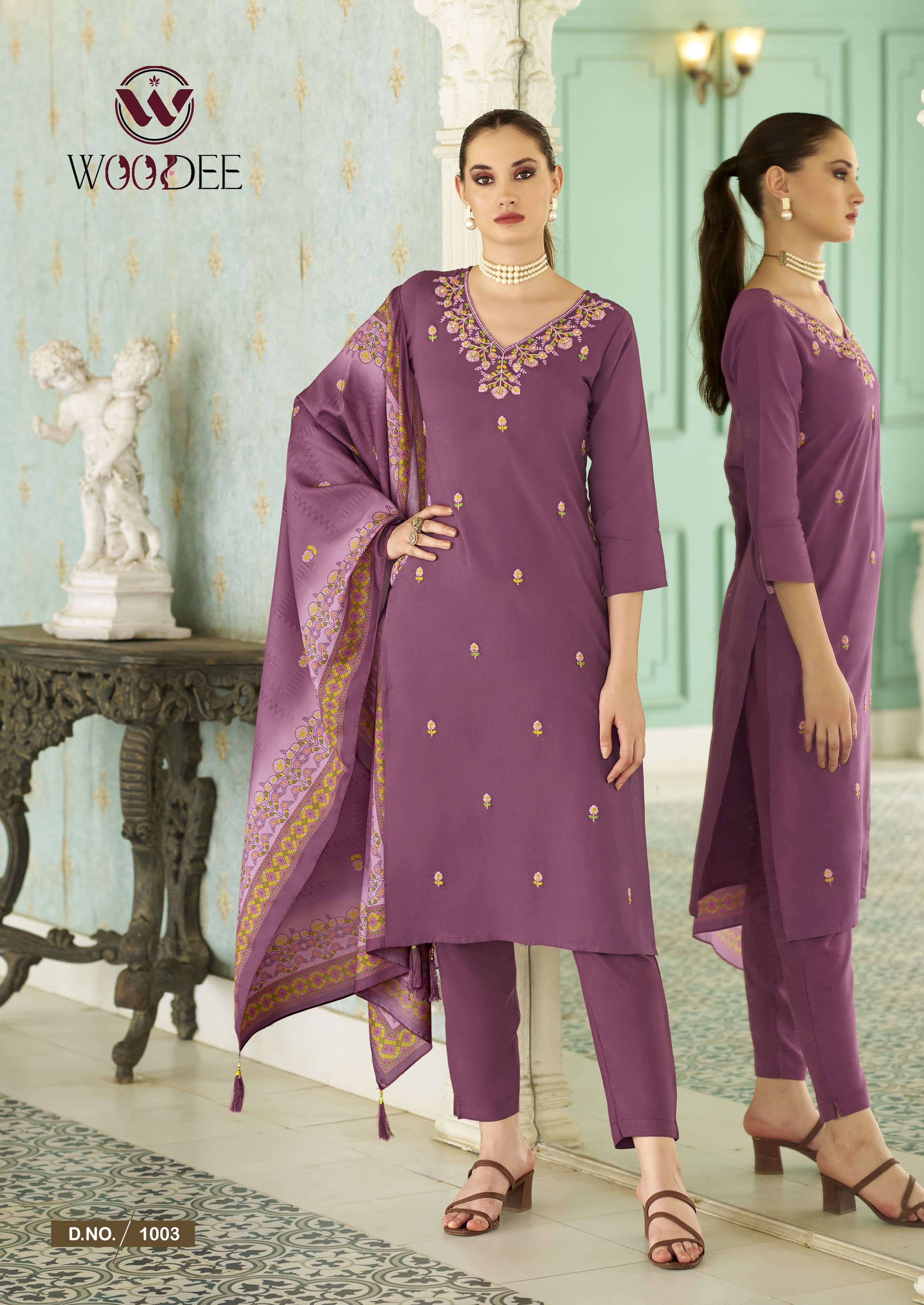  WOODEE CHITRAA RAYON FANCY EMBROIDERY DESIGNER WORK KURTI COMBO SET 