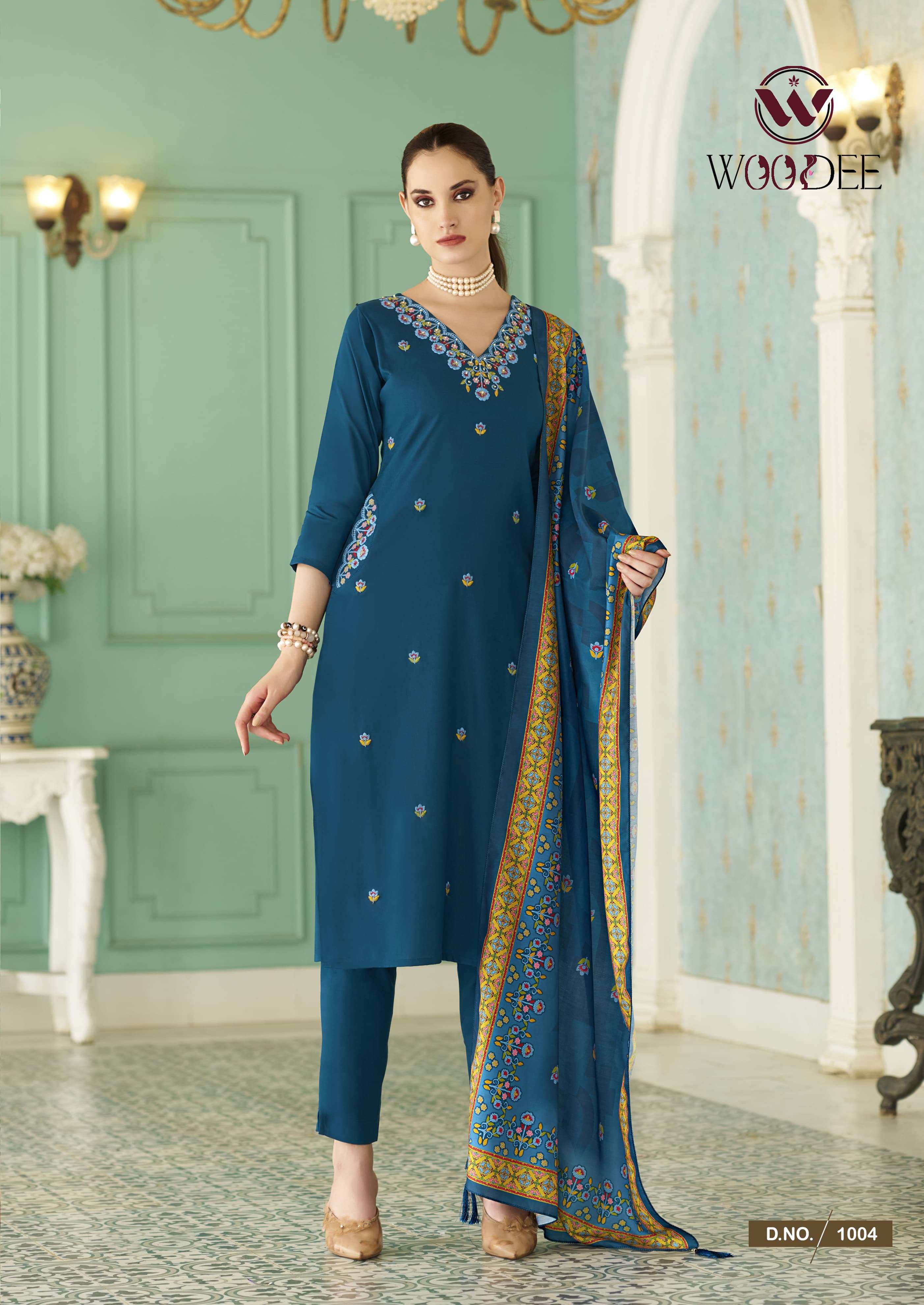  WOODEE CHITRAA RAYON FANCY EMBROIDERY DESIGNER WORK KURTI COMBO SET 