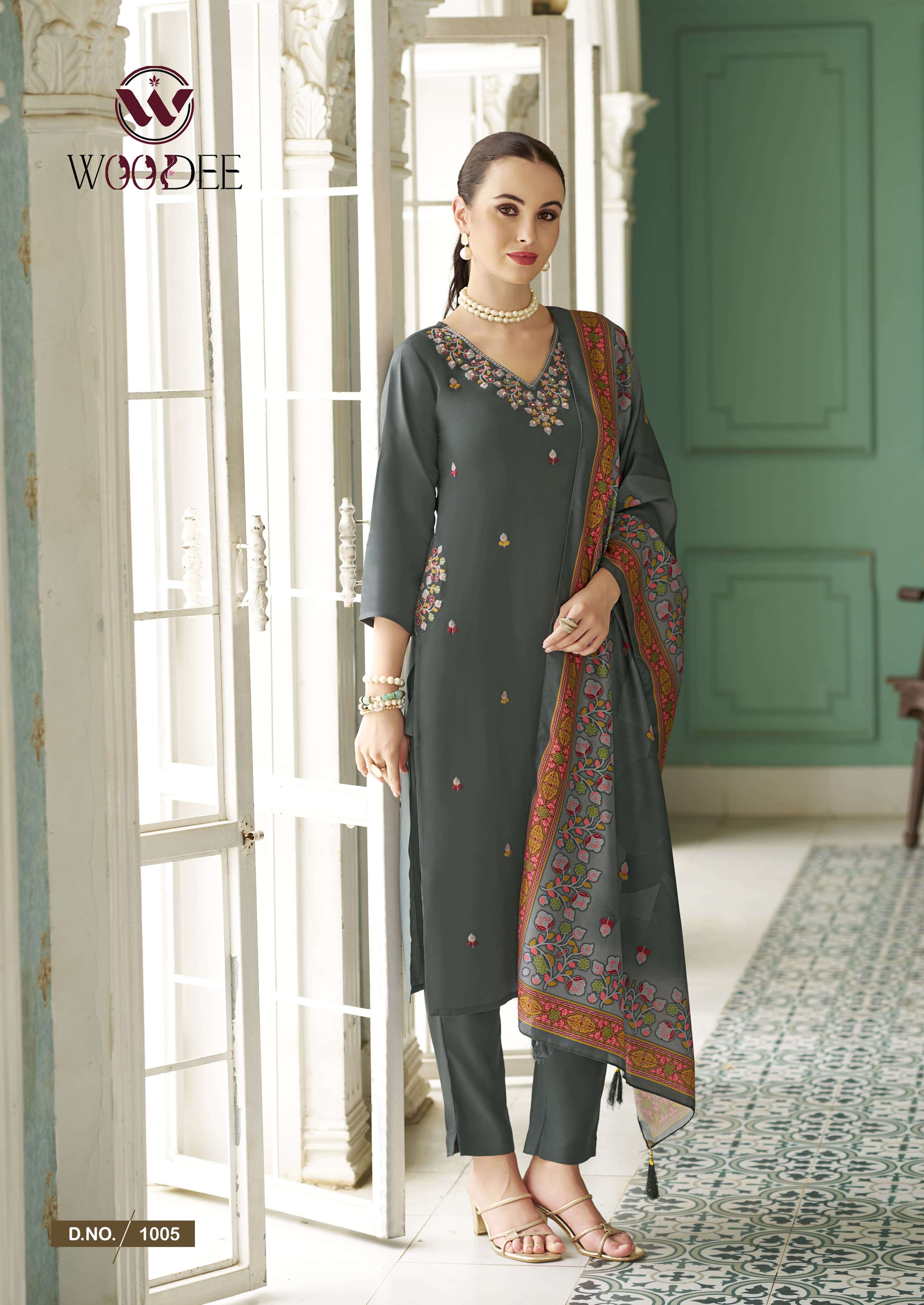  WOODEE CHITRAA RAYON FANCY EMBROIDERY DESIGNER WORK KURTI COMBO SET 