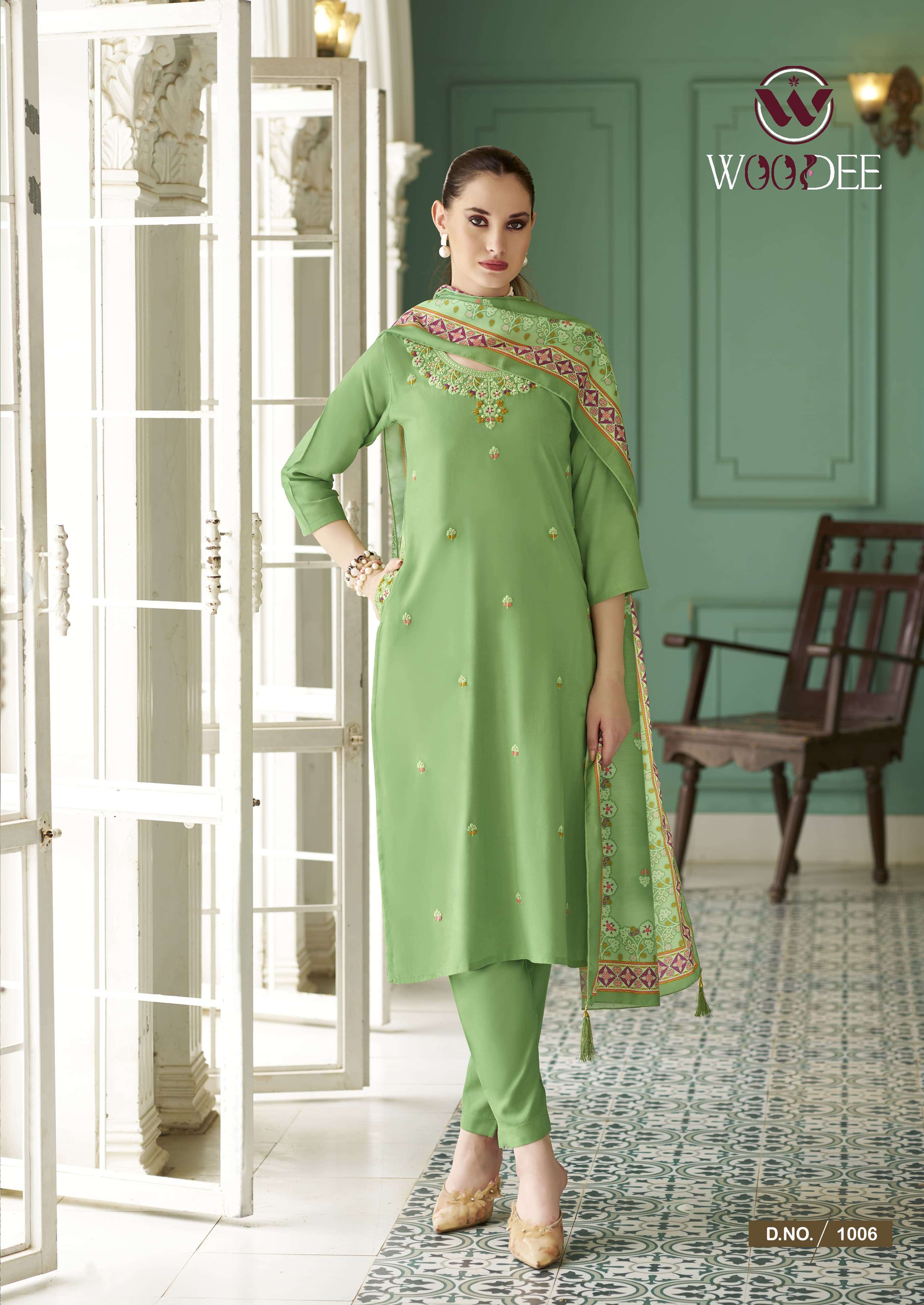  WOODEE CHITRAA RAYON FANCY EMBROIDERY DESIGNER WORK KURTI COMBO SET 