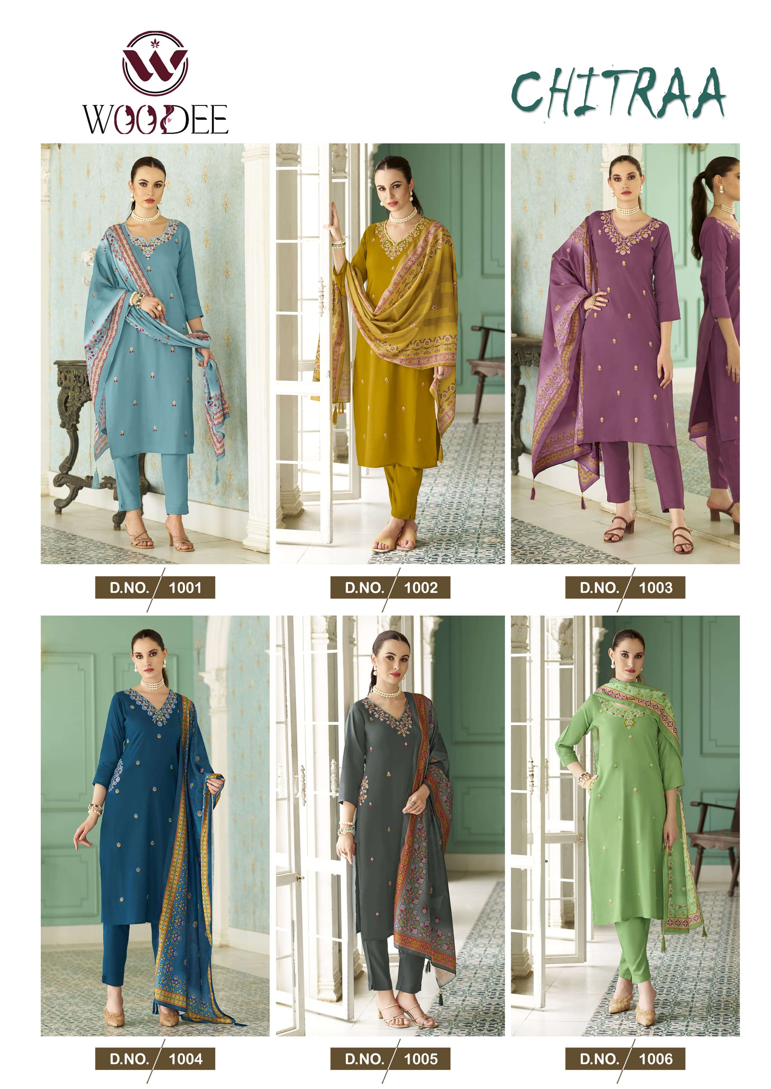  WOODEE CHITRAA RAYON FANCY EMBROIDERY DESIGNER WORK KURTI COMBO SET 