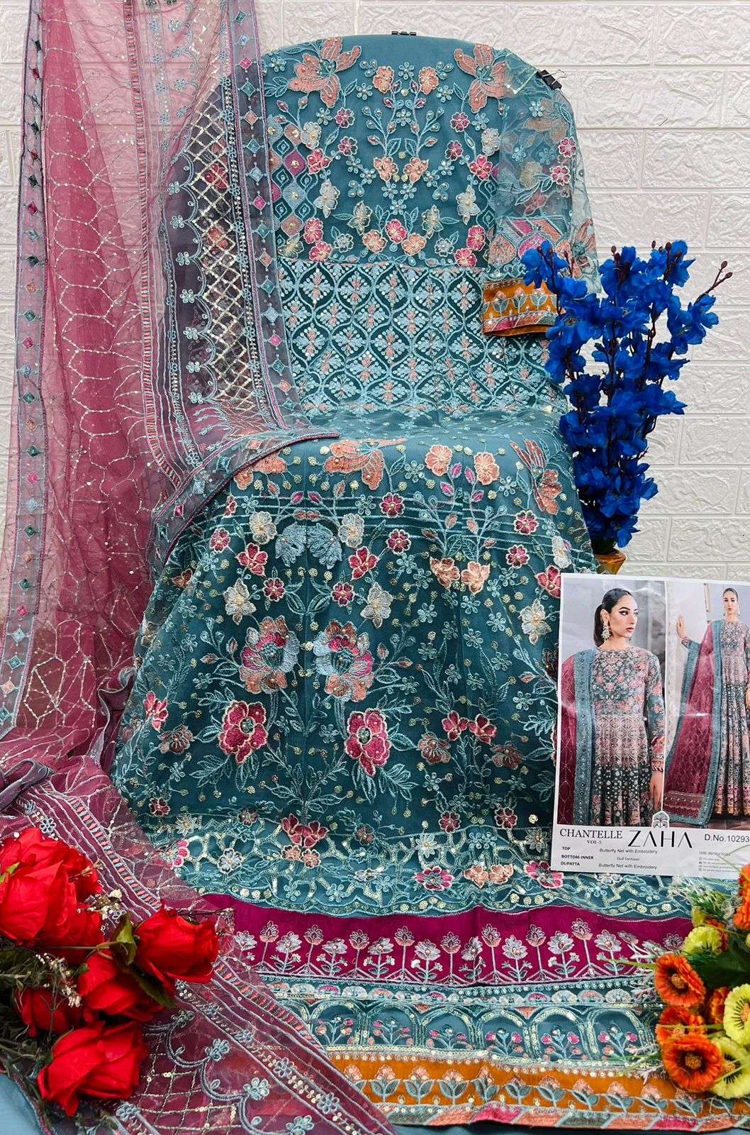 ZAHA DESIGN NO - 10293 EF BUTTERFLY NET HEAVY EMBROIDERED MOTI WORK PAKISTANI SUIT