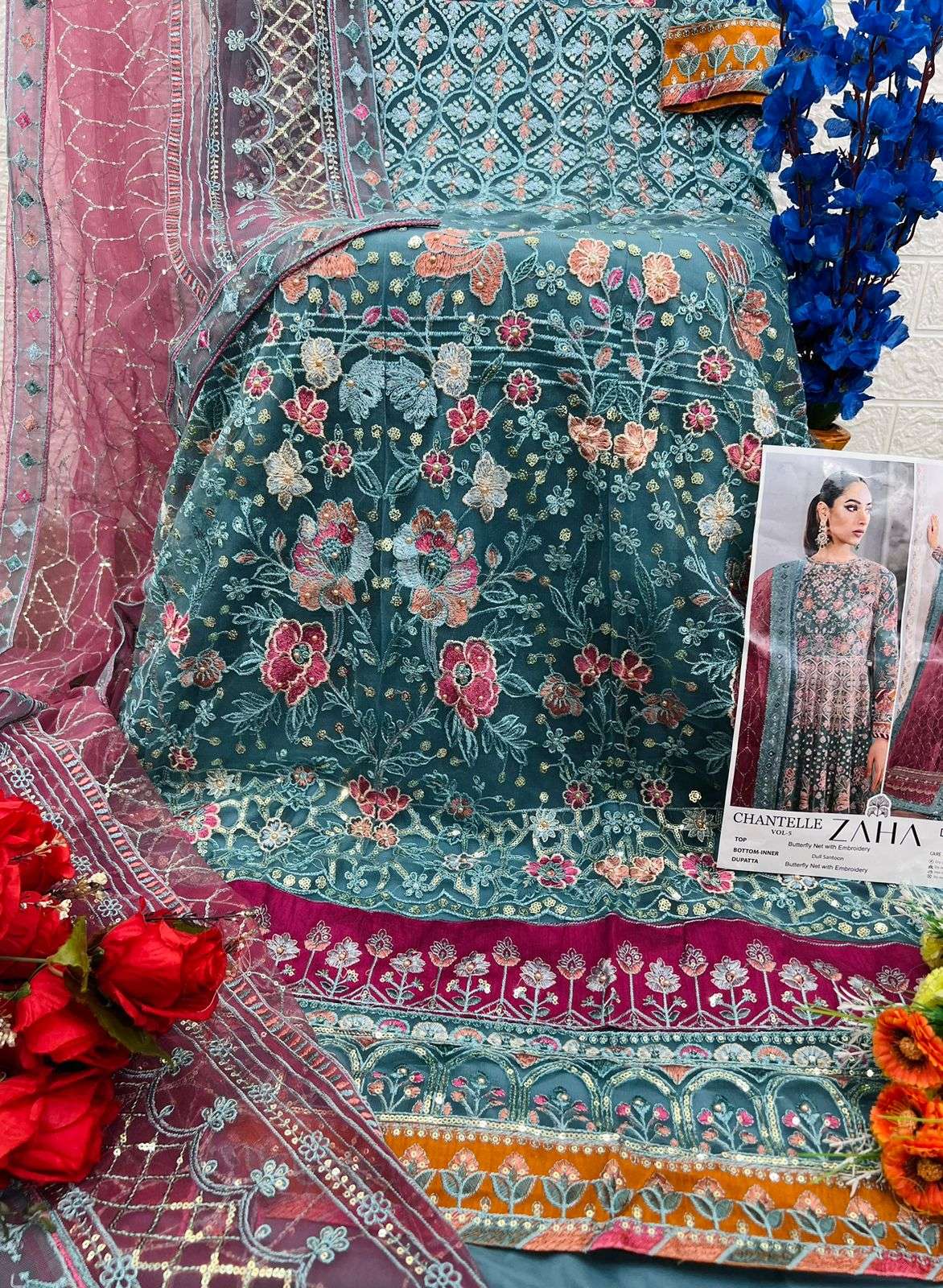 ZAHA DESIGN NO - 10293 EF BUTTERFLY NET HEAVY EMBROIDERED MOTI WORK PAKISTANI SUIT