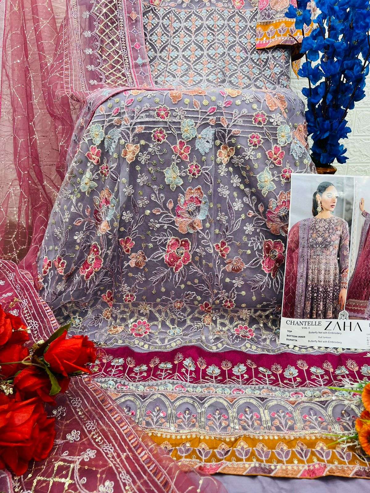 ZAHA DESIGN NO - 10293 EF BUTTERFLY NET HEAVY EMBROIDERED MOTI WORK PAKISTANI SUIT
