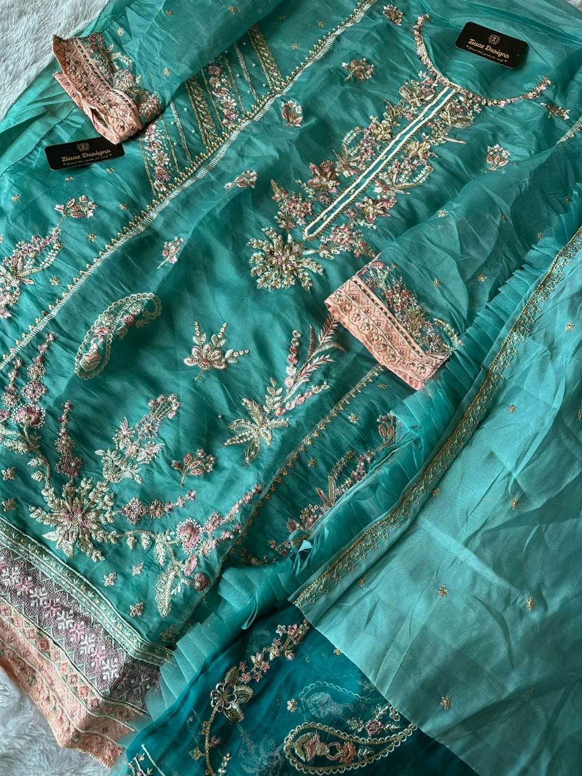 ZIAAZ DESIGNS CODE NO - 260 ORGANZA EMBROIDERED HANDWORK MOTI WORK PARTY WEAR SUIT