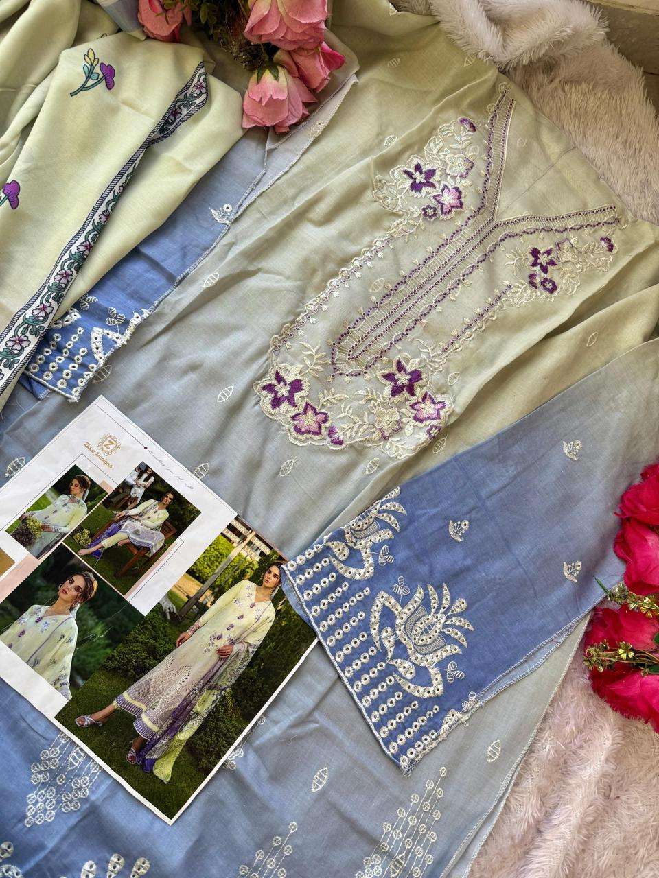 ZIAAZ DESIGNS CODE NO - 889 CAMBRIC COTTON CHIKANKARI SHADED HEAVY EMBROIDERED PAKISTANI SUIT 