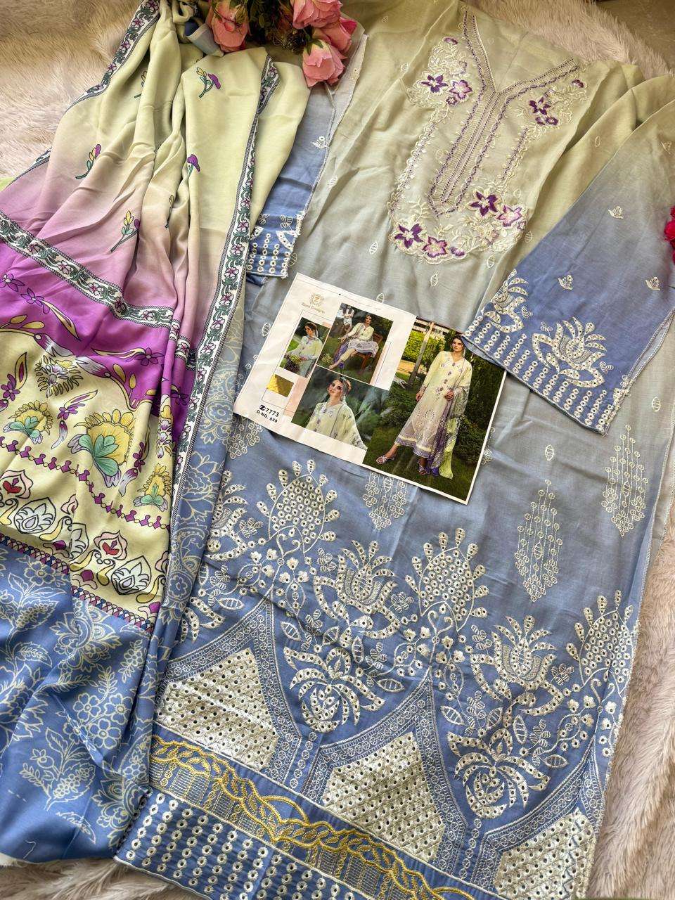 ZIAAZ DESIGNS CODE NO - 889 CAMBRIC COTTON CHIKANKARI SHADED HEAVY EMBROIDERED PAKISTANI SUIT 