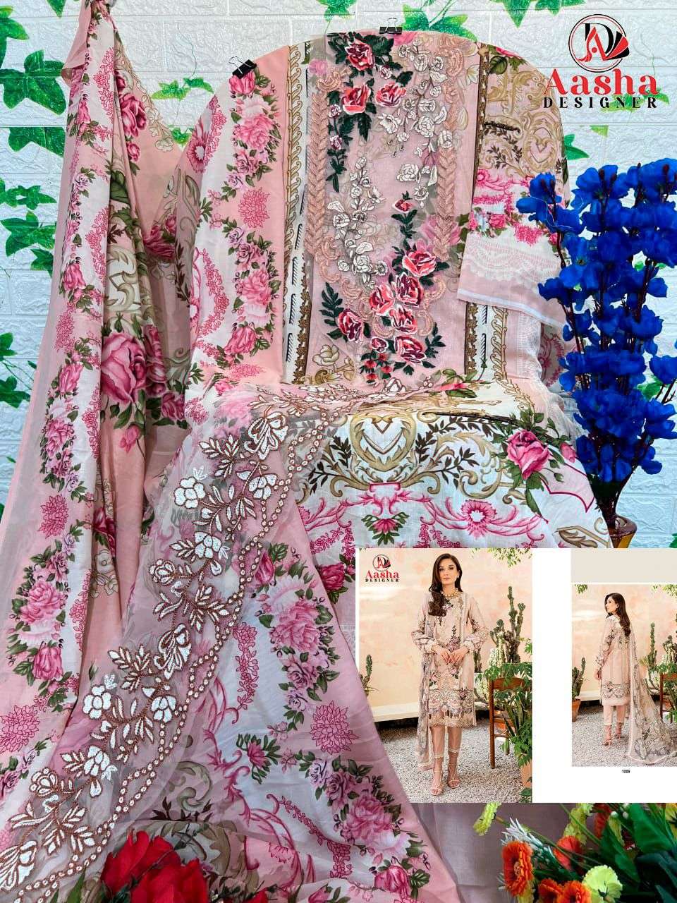 AASHA DESIGNER DESIGN NO - 1009 PURE COTTON PRINT HEAVY EMBROIDERED PATCH PAKISTANI SALWAR SUIT