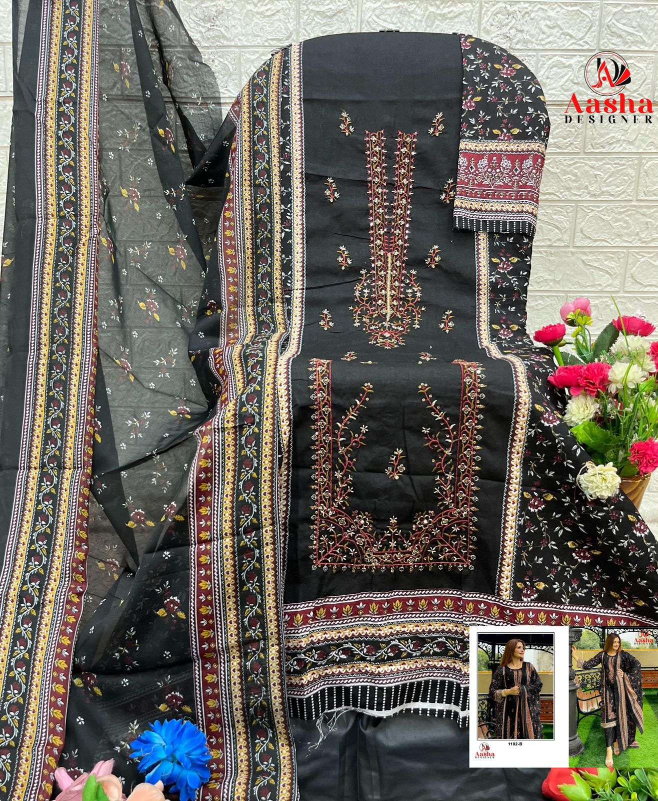 AASHA DESIGNER DESIGN NO - 1102 ABC PURE COTTON PRINT HEAVY SELF EMBROIDERED HAND KHATLI WORK PAKISTANI SALWAR SUIT