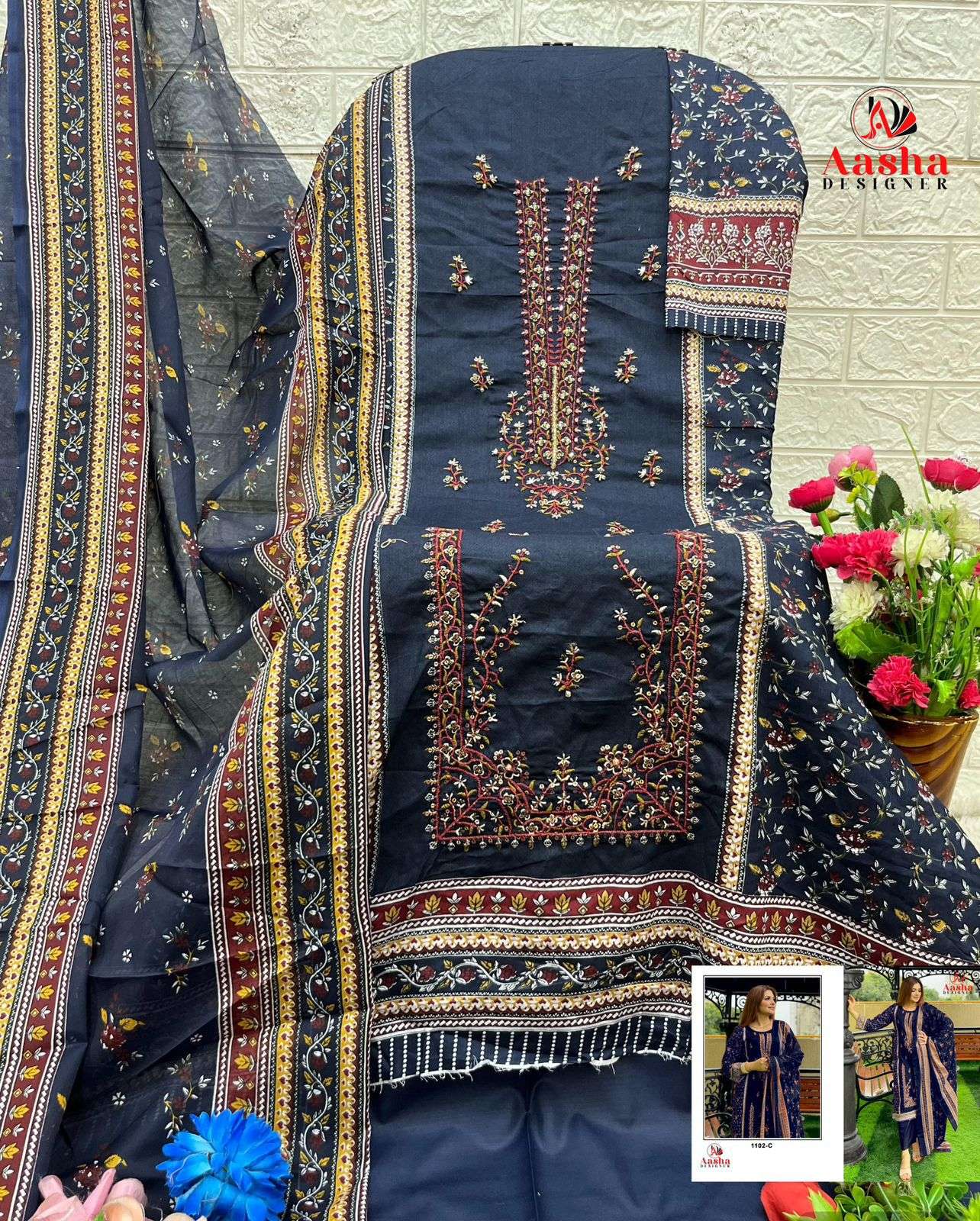 AASHA DESIGNER DESIGN NO - 1102 ABC PURE COTTON PRINT HEAVY SELF EMBROIDERED HAND KHATLI WORK PAKISTANI SALWAR SUIT