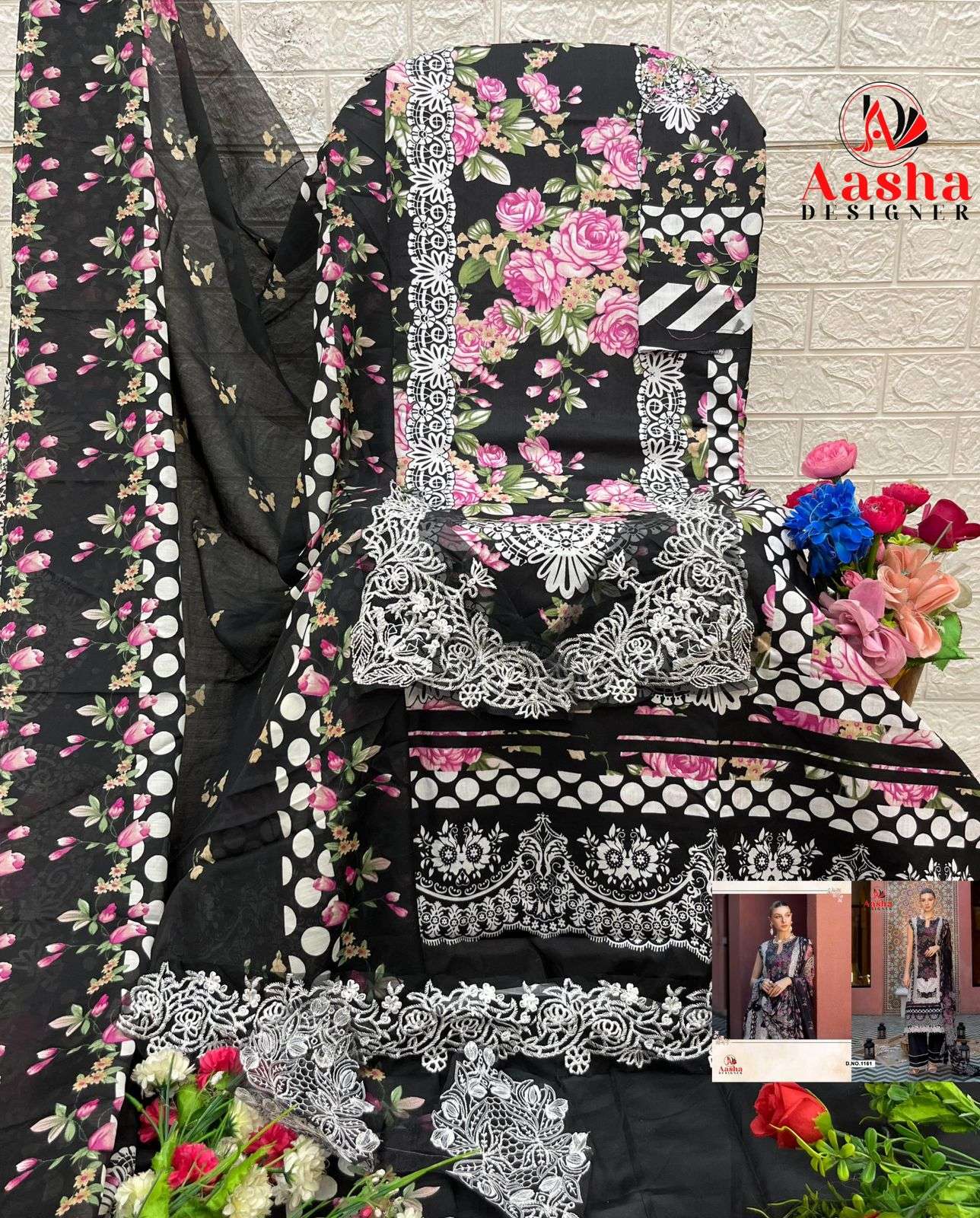 AASHA DESIGNER DESIGN NO - 1161 AB PURE COTTON PRINT HEAVY EMBROIDERED PATCH PAKISTANI SALWAR SUIT 