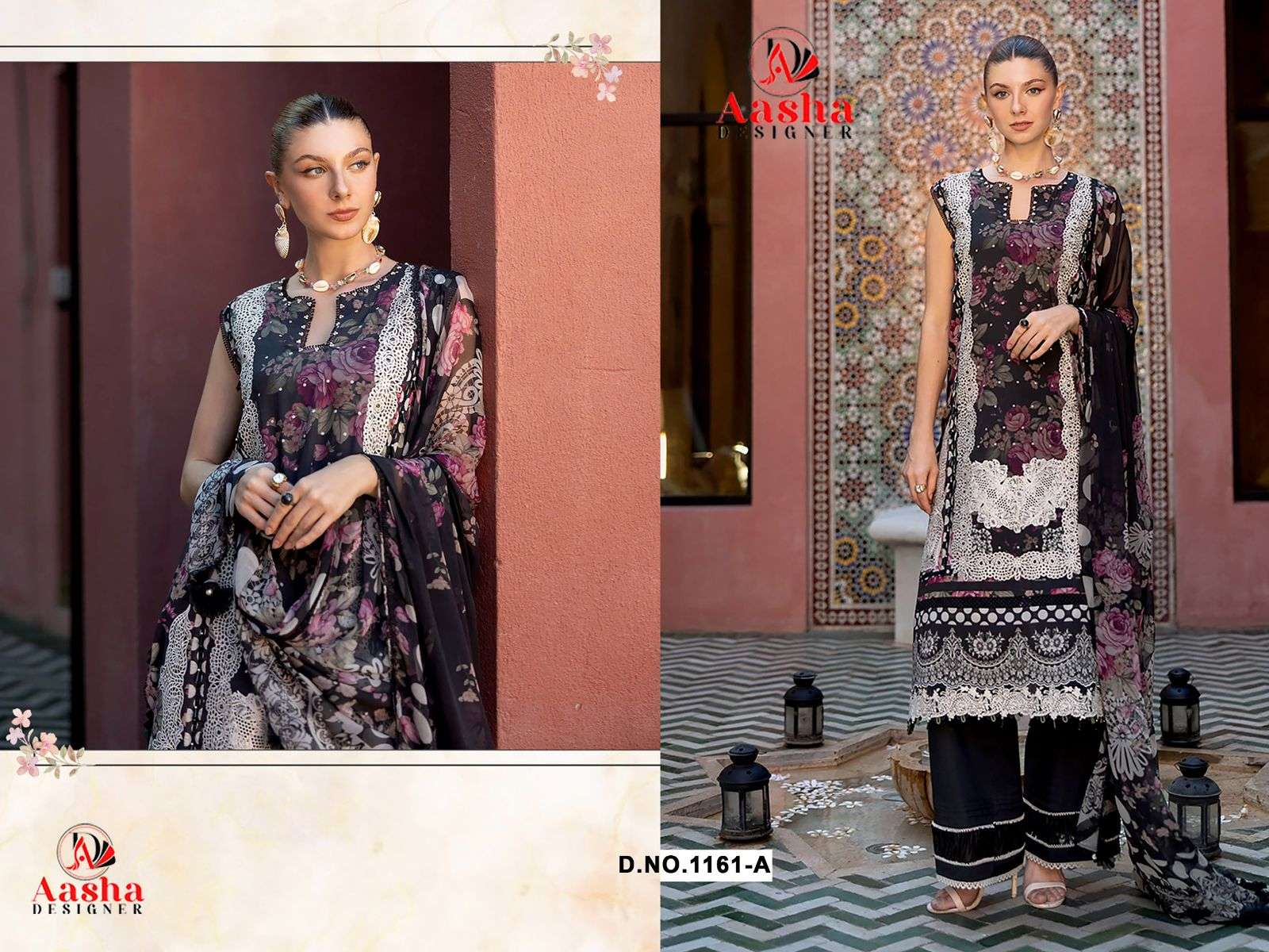 AASHA DESIGNER DESIGN NO - 1161 AB PURE COTTON PRINT HEAVY EMBROIDERED PATCH PAKISTANI SALWAR SUIT 
