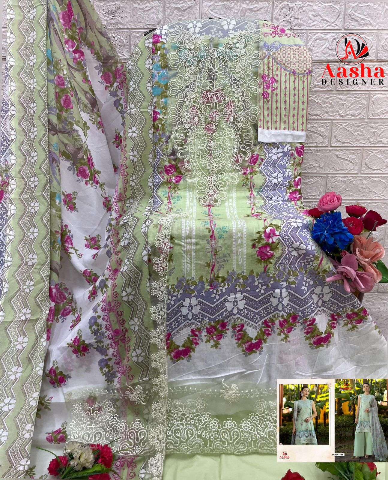 AASHA DESIGNER DESIGN NO - 1163 PURE COTTON PRINT HEAVY EMBROIDERED PATCH PAKISTANI SALWAR SUIT 
